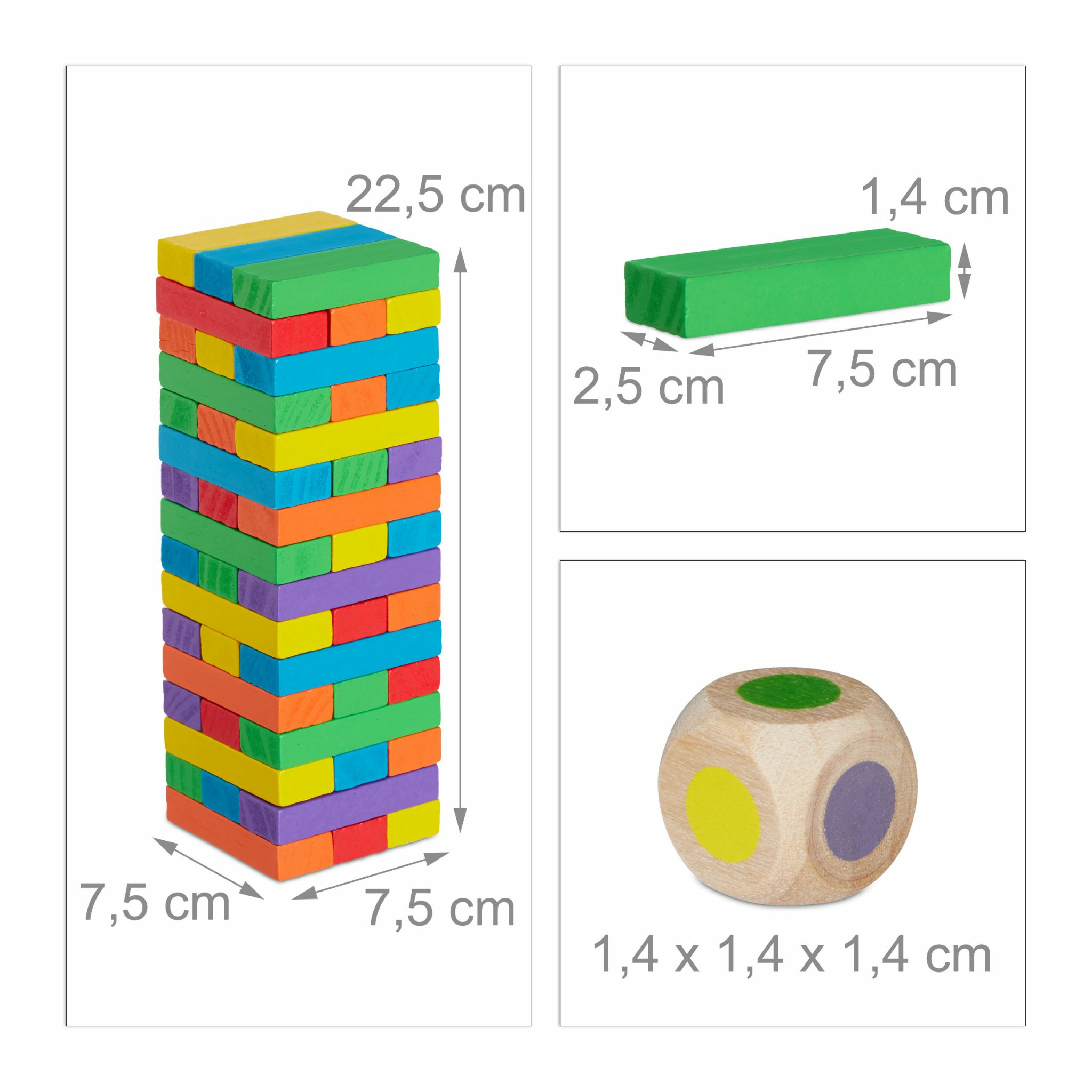 Diagramm zeigt einen bunten Holzbausteinturm mit Maßangaben für Turm, einzelner Block und Spielwürfel.