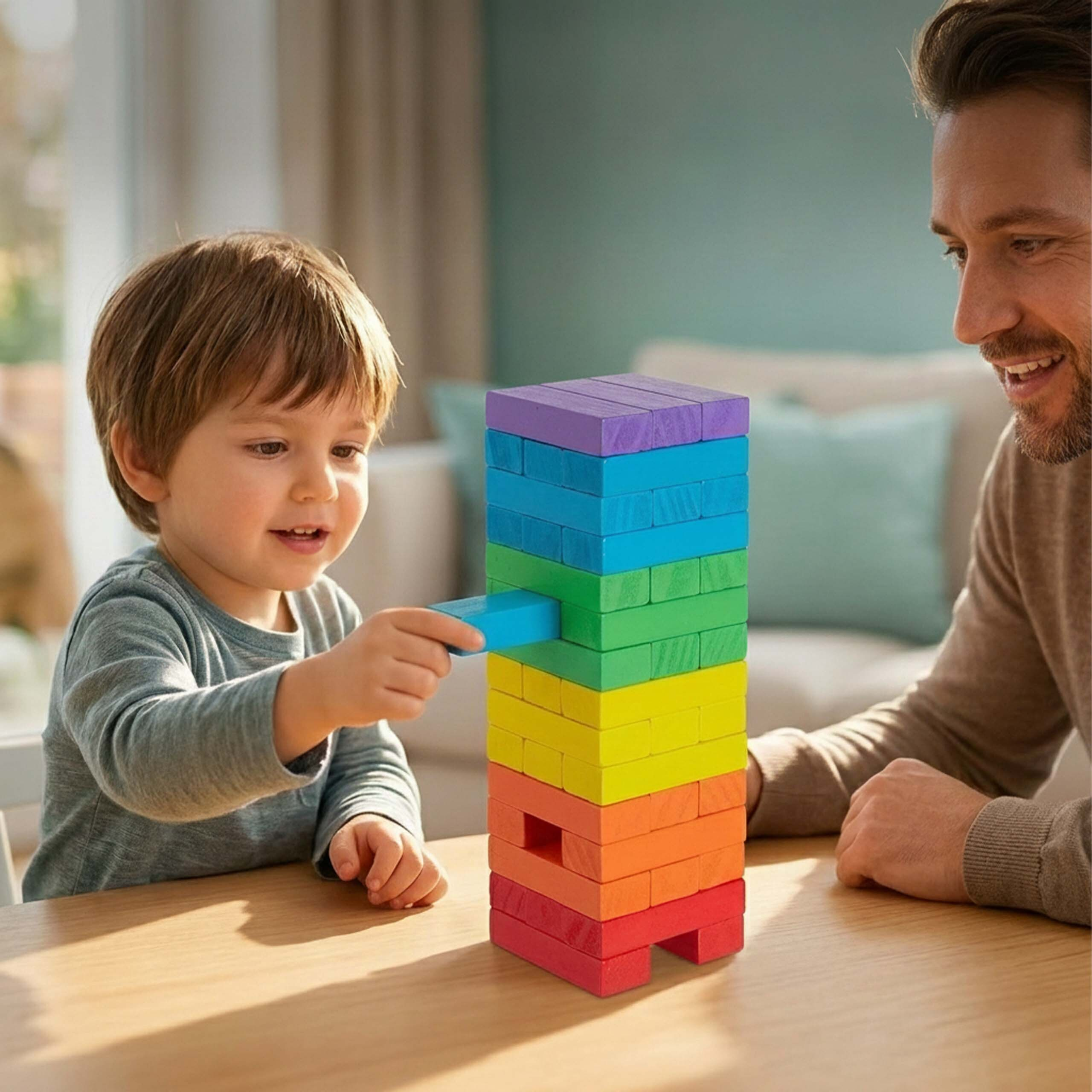 Ein kleiner Junge zieht vorsichtig einen bunten Holzklotz aus einem Turm, während sein Vater zuschaut.