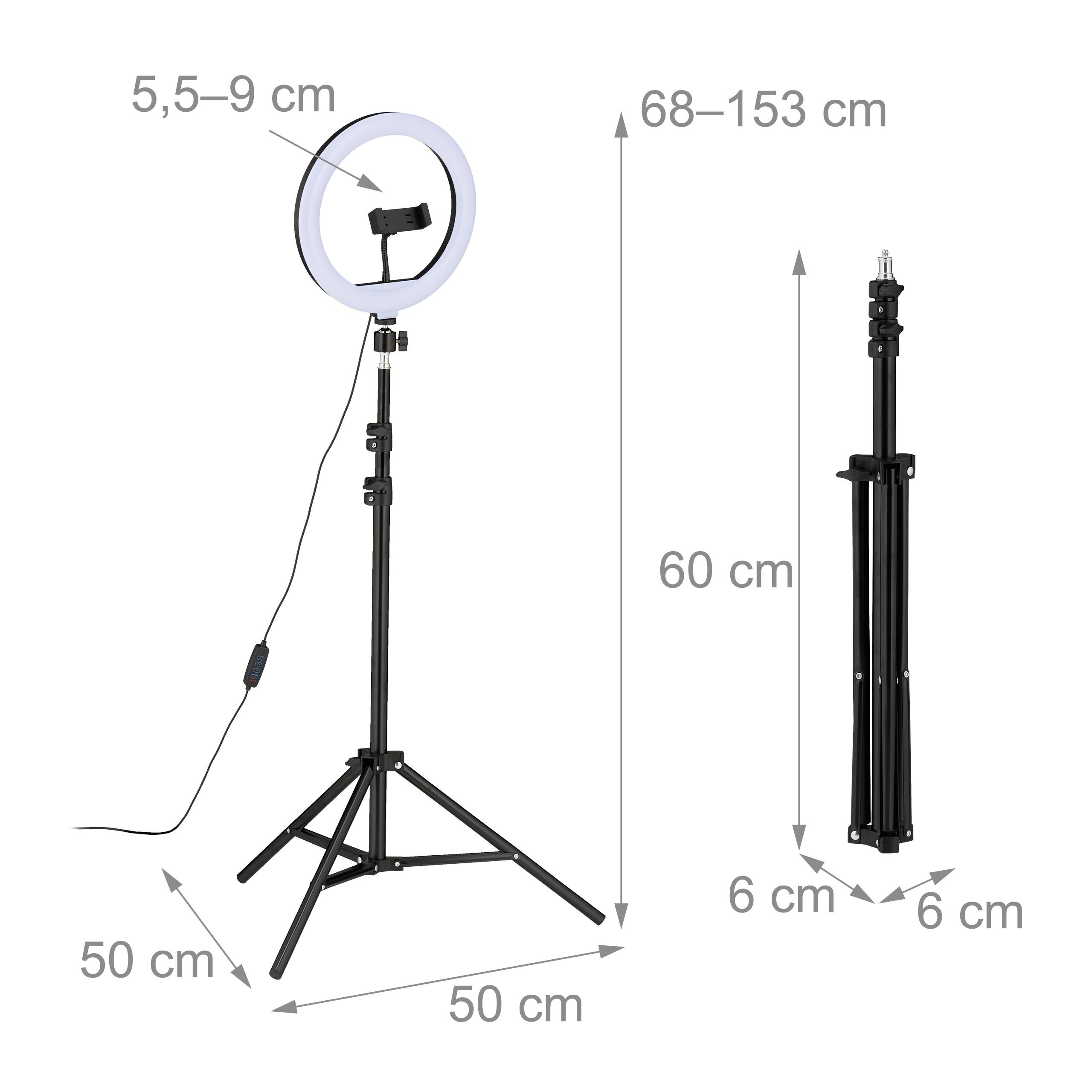 Ringlicht auf Stativ mit Abmessungen in Zentimetern und Faltversion rechts.