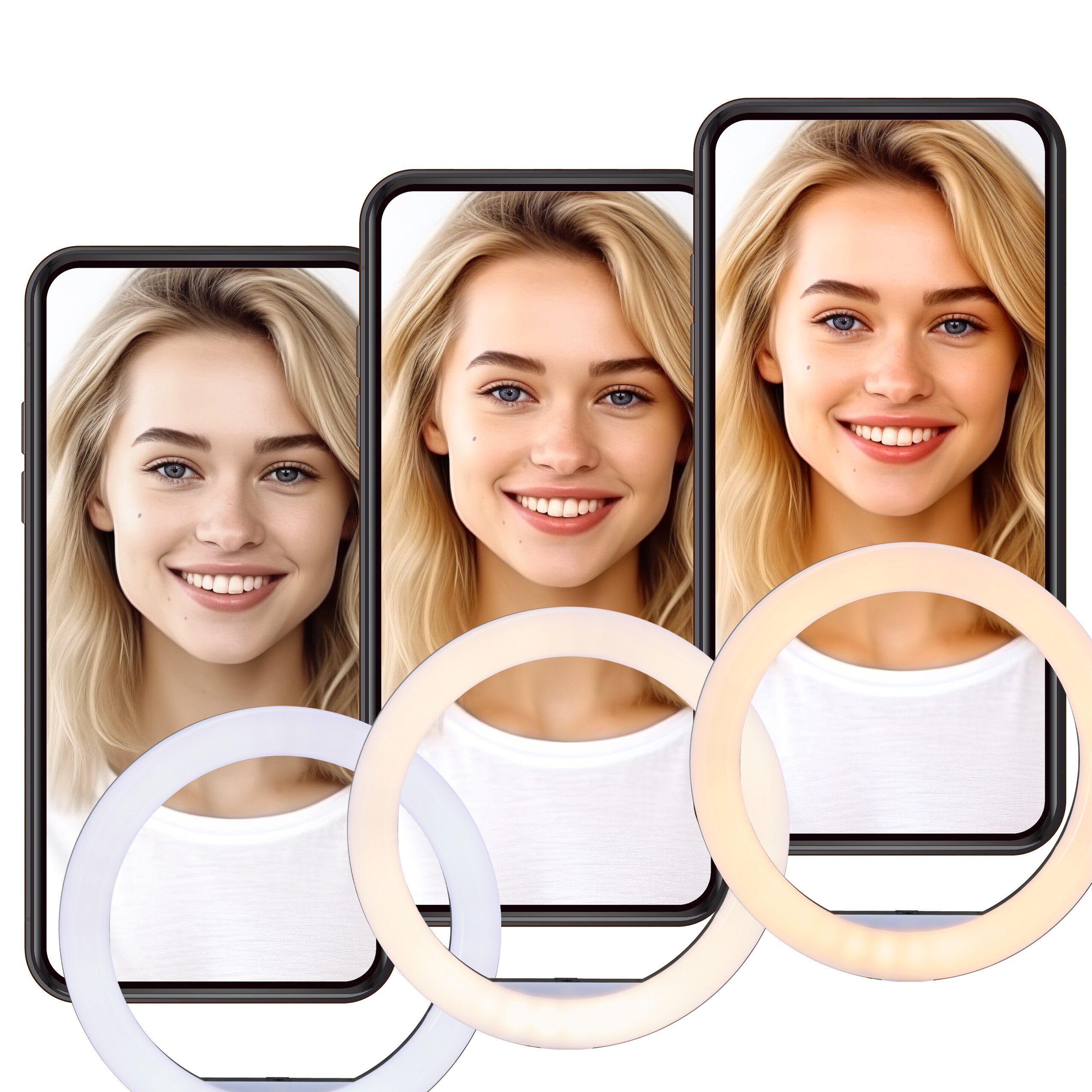 Drei Smartphones zeigen eine lächelnde blonde Frau, jeweils beleuchtet von einem Ringleuchter.