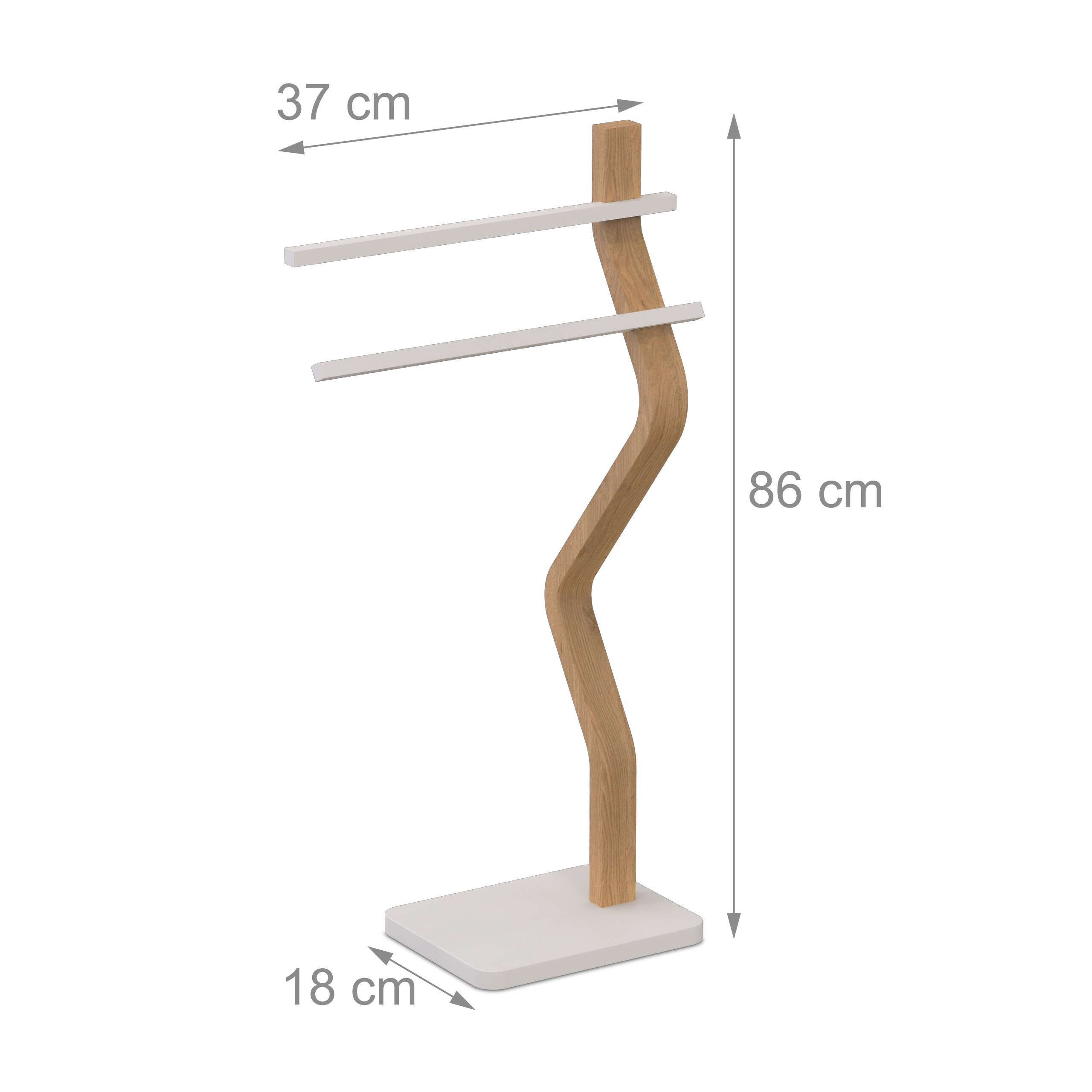 Ein hölzerner Handtuchhalter mit zwei weißen Stangen und den Maßen 37x18x86 cm auf weißem Hintergrund.