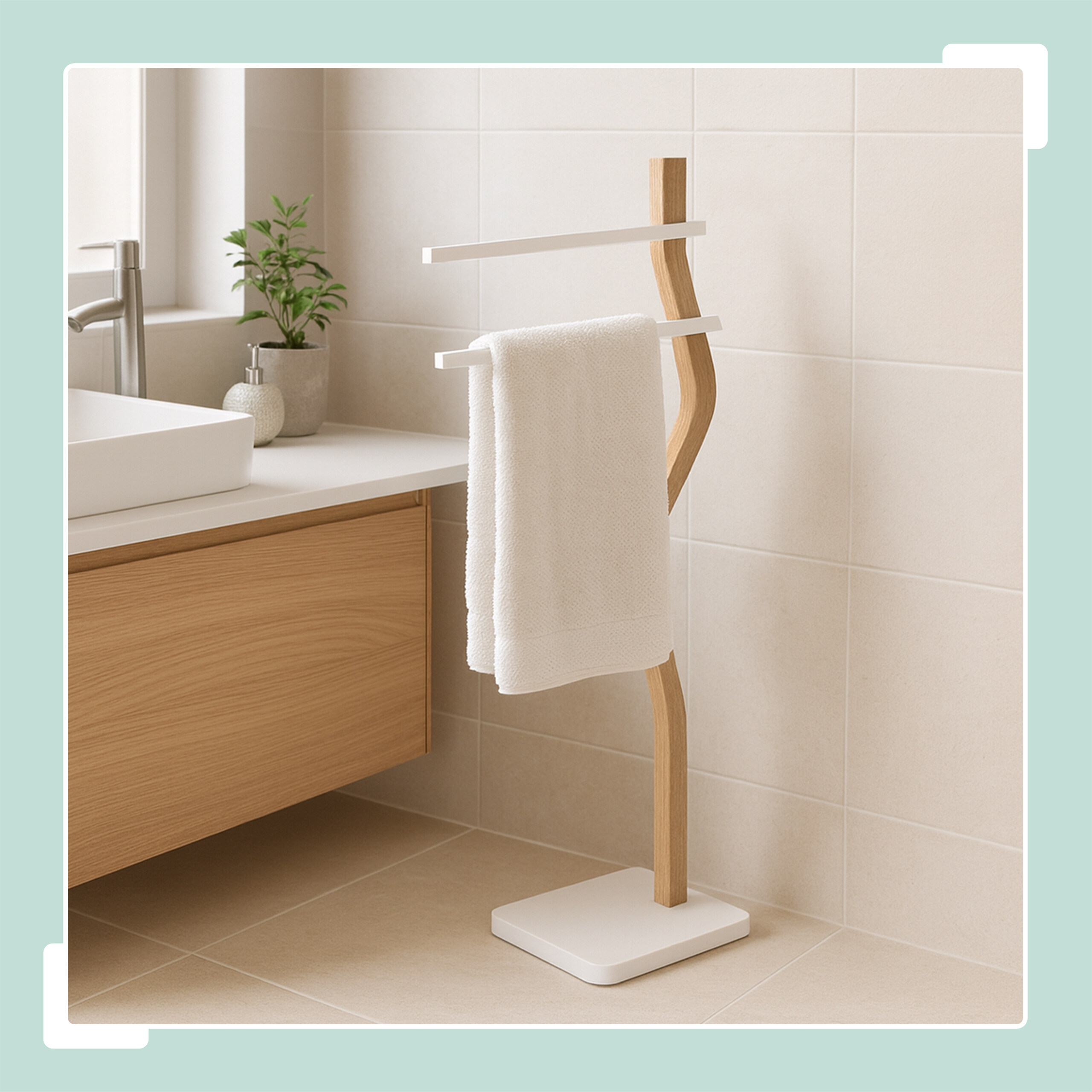 Ein hölzerner Handtuchhalter mit weißem Handtuch in einem modernen Badezimmer.