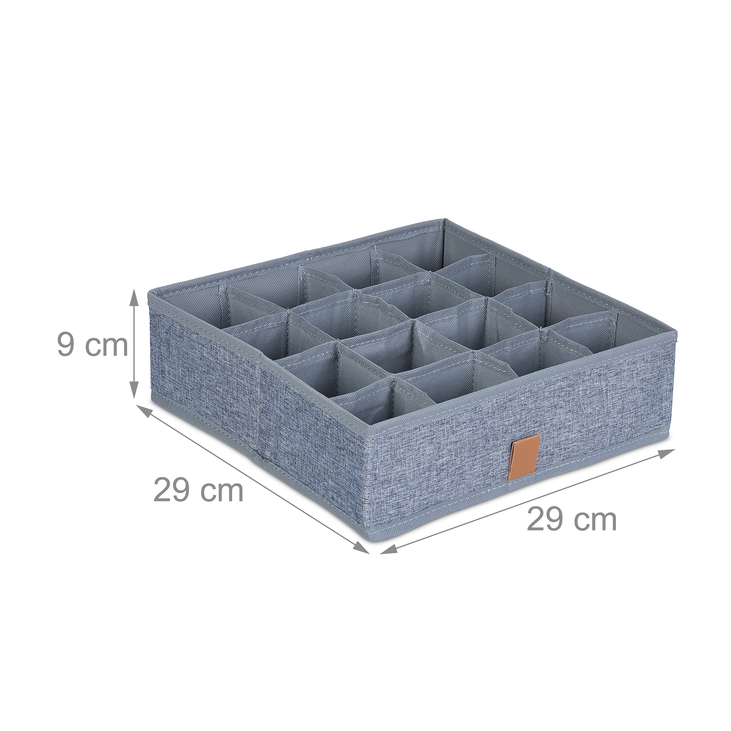 Grauer Stoff-Schubladenorganizer mit 16 Fächern und Maßen 29x29x9 cm auf weißem Hintergrund.