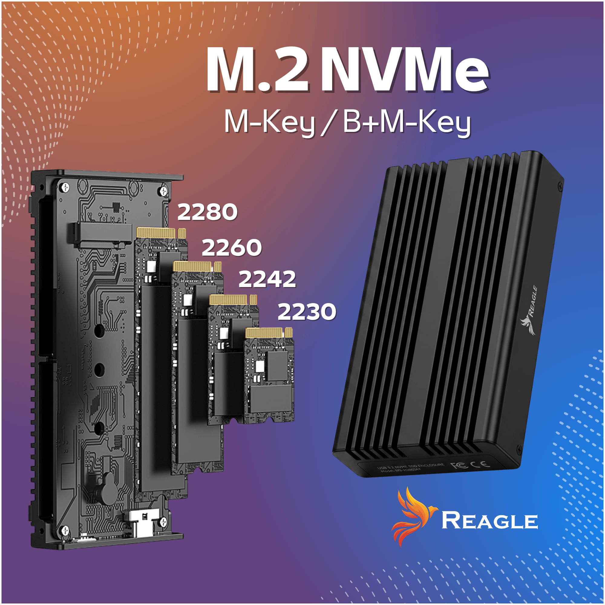 Obudowa SSD M.2 NVMe z różnymi kompatybilnymi rozmiarami dysków (2280–2230) na niebiesko-fioletowym tle.