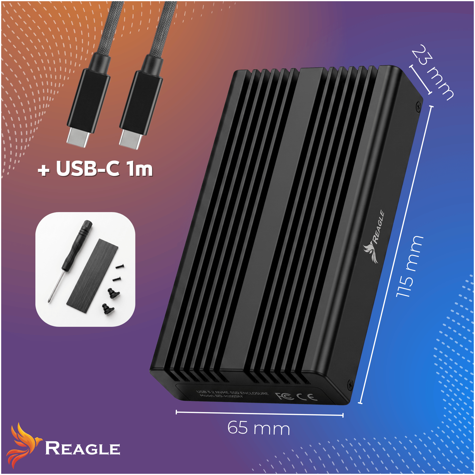 Czarna obudowa NVMe SSD Reagle z kablem USB-C i akcesoriami na niebiesko-pomarańczowym tle z wymiarami.