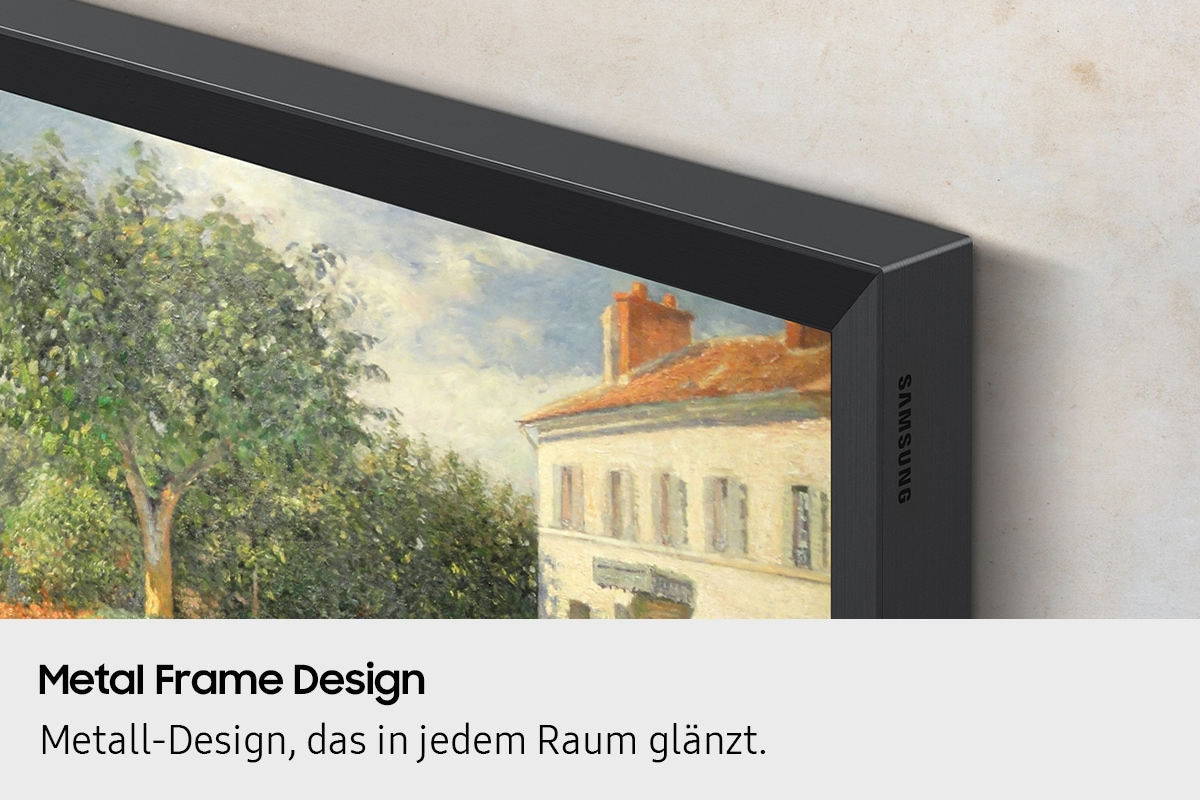 Ein schwarzer Metallrahmen an einem Fernseher zeigt ein impressionistisches Gemälde.