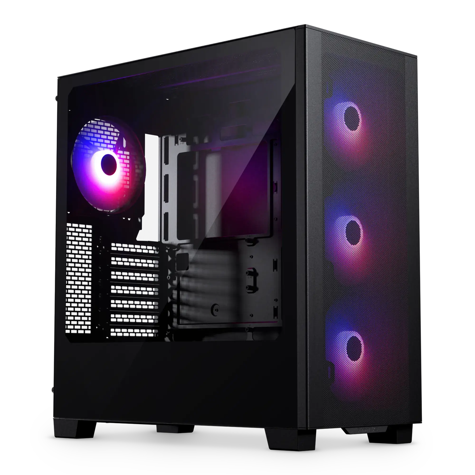 Ein schwarzes PC-Gaming-Gehäuse mit Glas-Seitenwand und vier leuchtenden RGB-Lüftern in Blau und Lila.