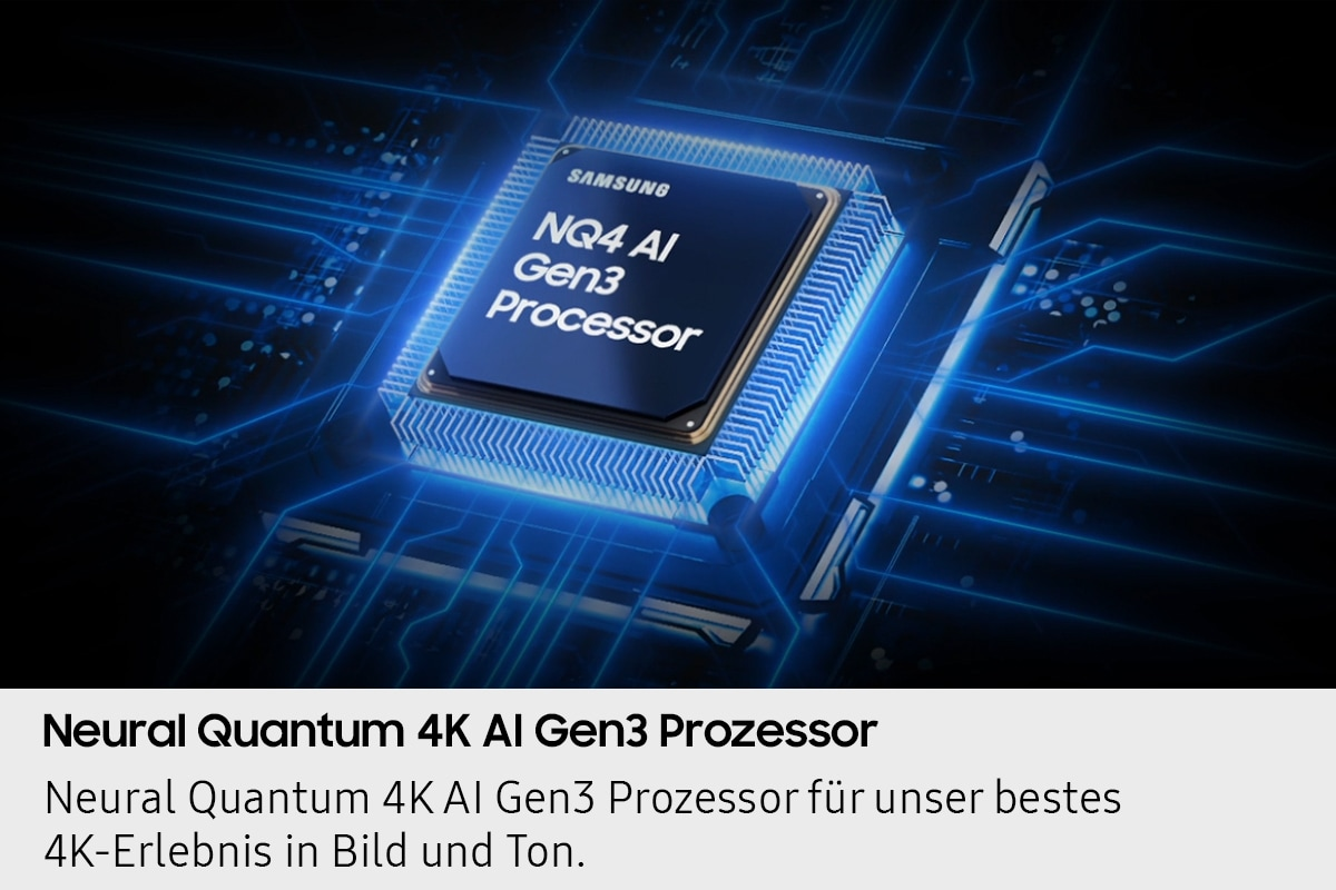 Un processore Samsung NQ4 AI Gen3 blu luminoso su un circuito stampato.