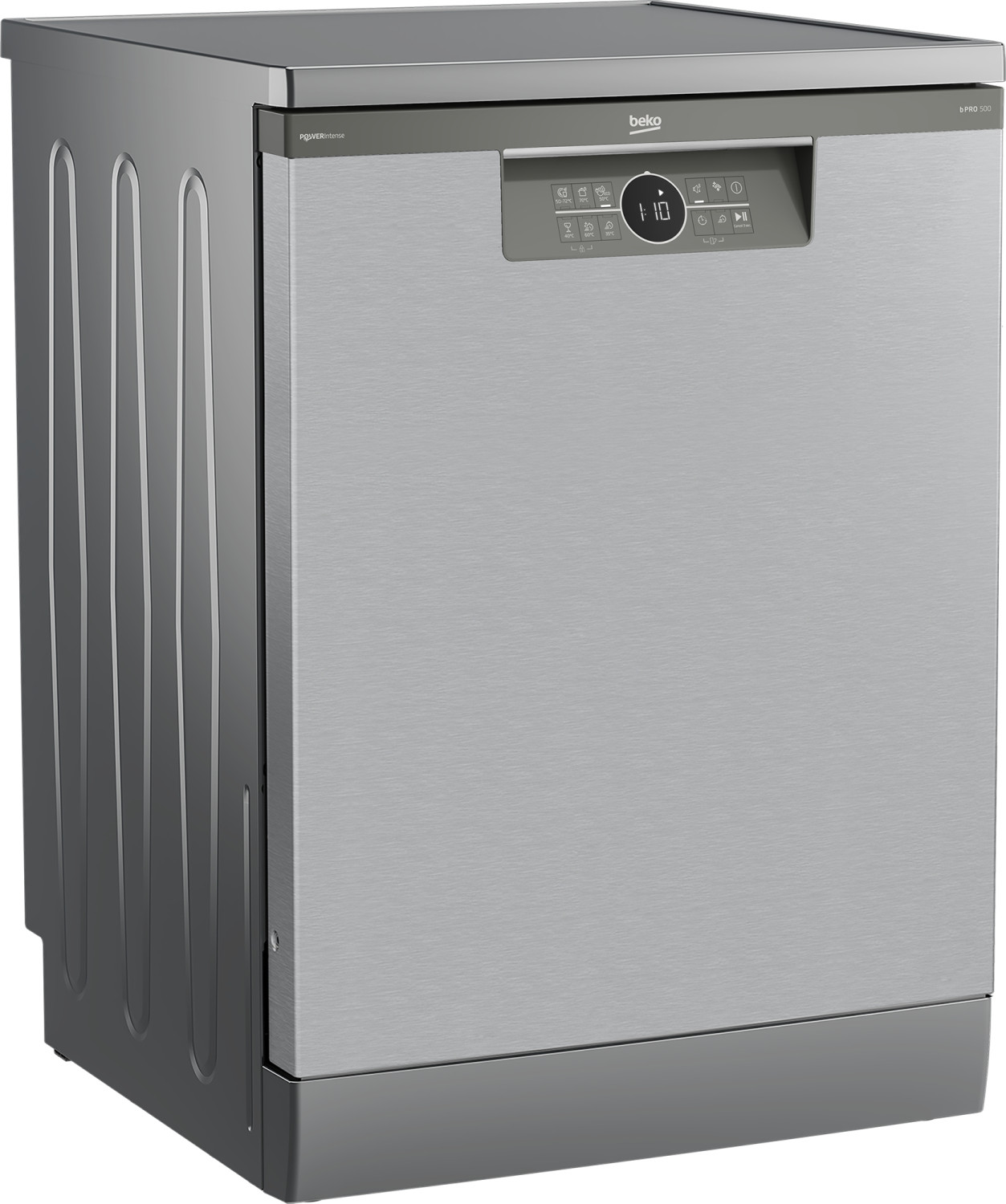 Moderna lavastoviglie Beko grigia con frontale in acciaio e display.