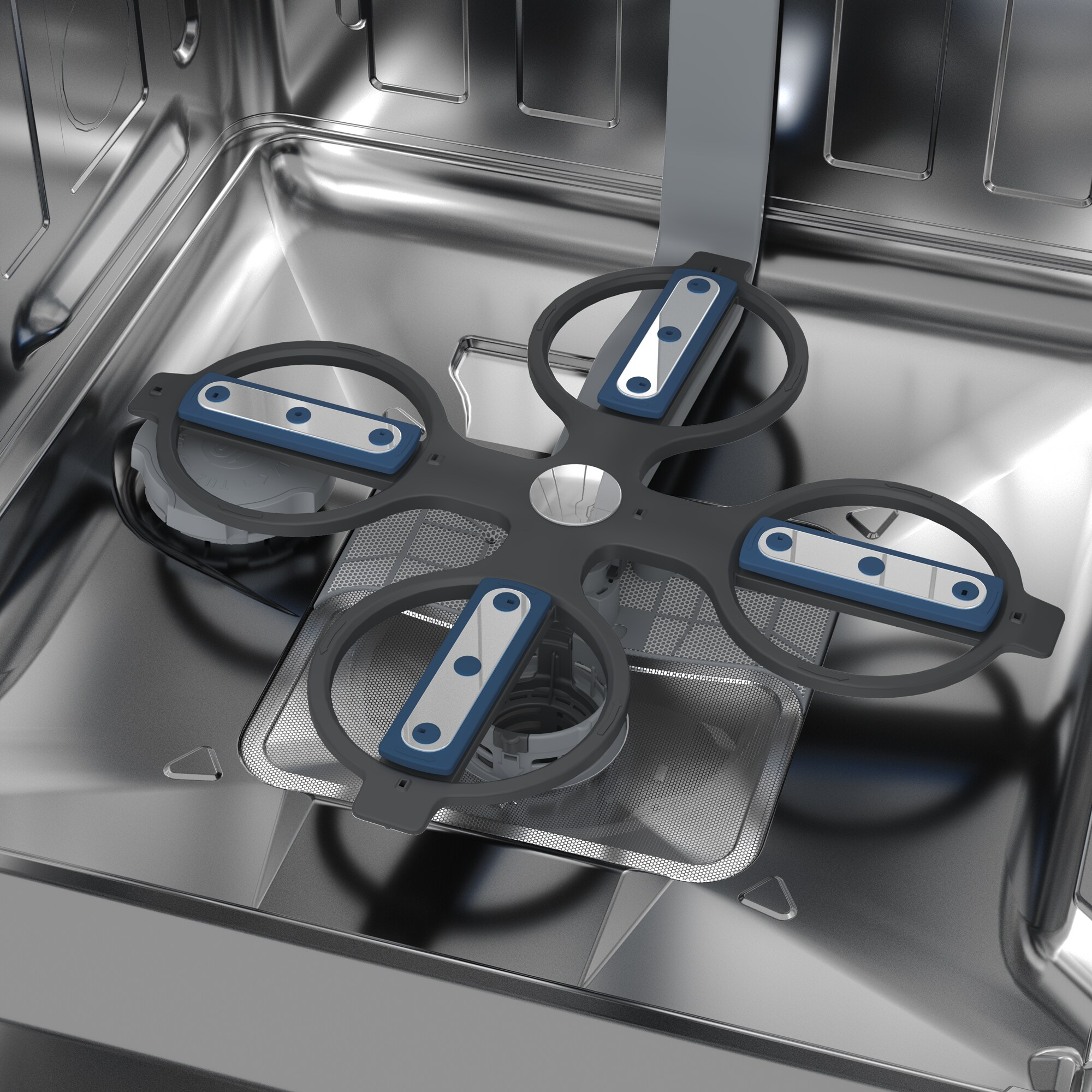 Interno lavastoviglie in acciaio inox con braccio irroratore nero e blu.