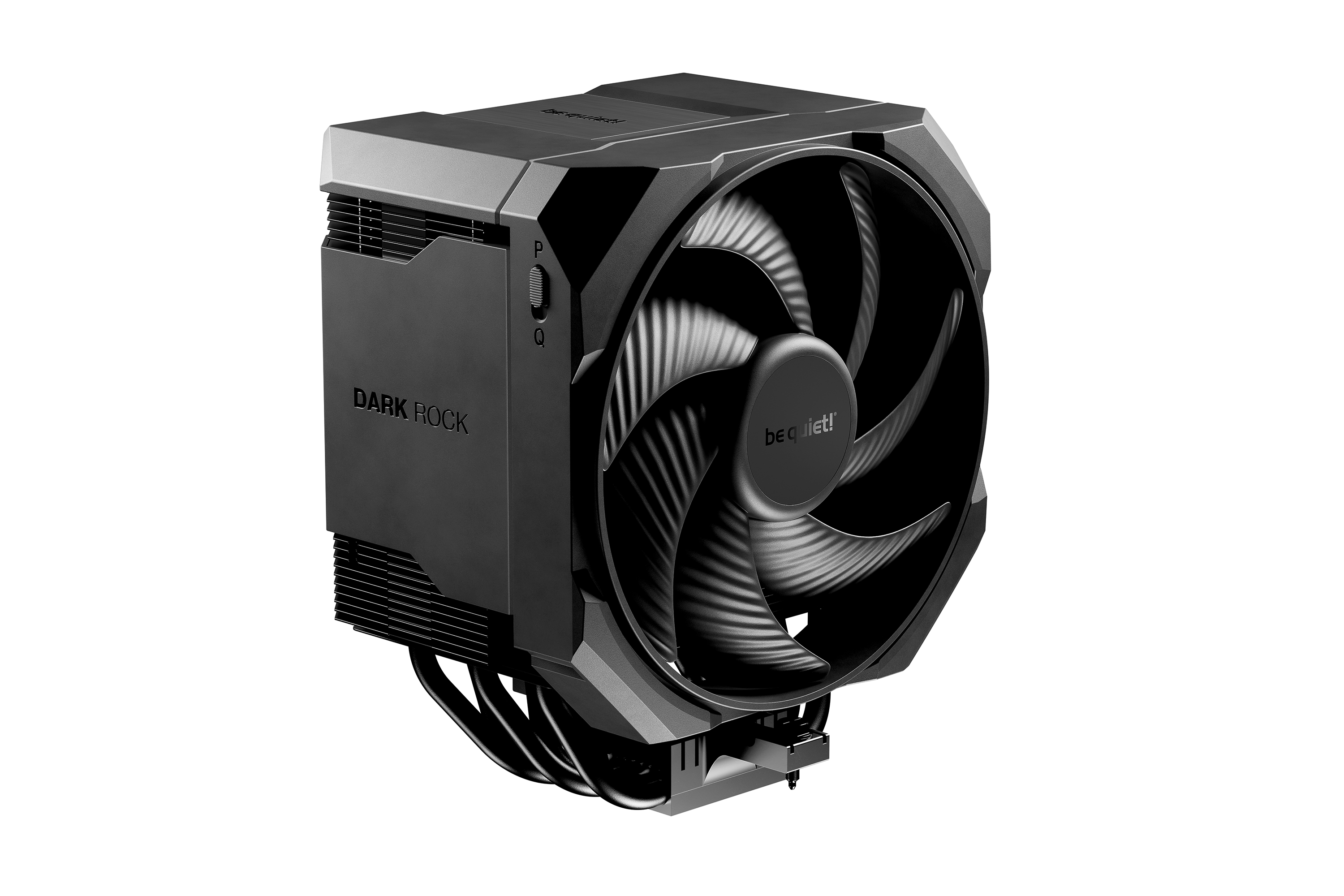 Schwarzer CPU-Kühler 'Dark Rock' mit einem großen Ventilator und Kühlrippen auf einem weißen Hintergrund.