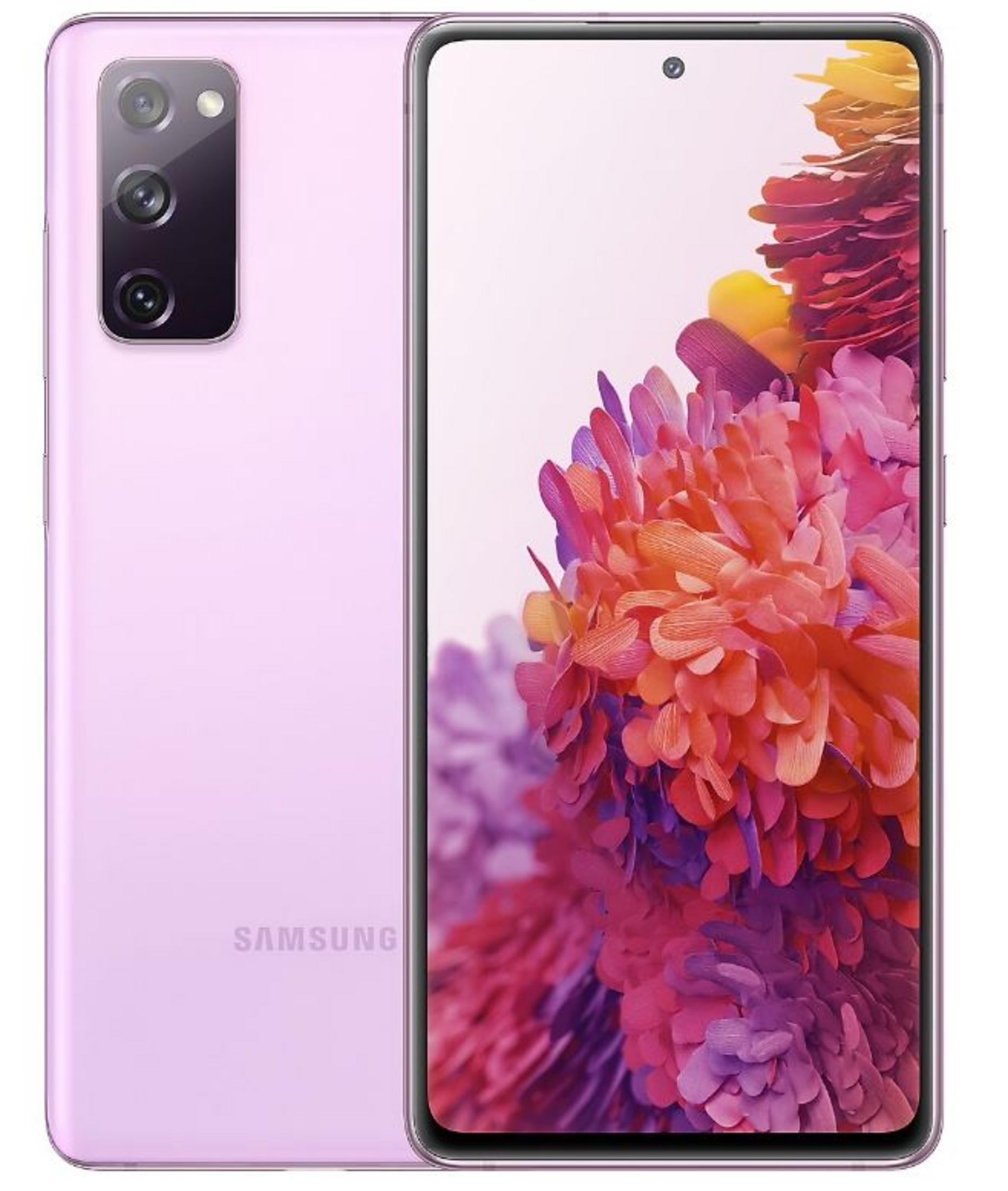 Mor renkli bir Samsung akıllı telefon, ekranında soyut çiçek grafiğiyle ön ve arka yüzünü gösteriyor.
