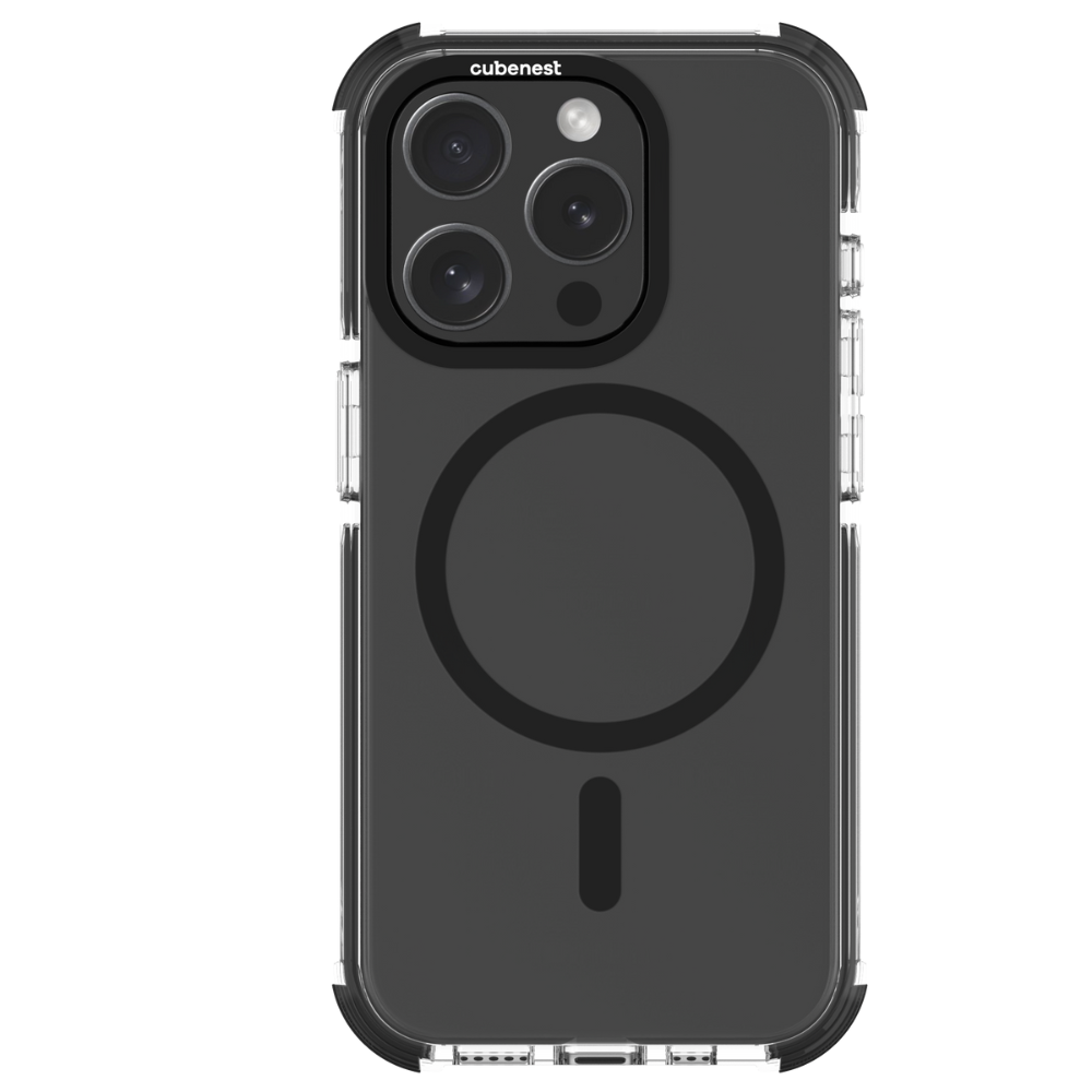 Ein schwarzes Smartphone in einer transparenten MagSafe-Hülle zeigt das Rückkamera-Modul und den Magnetkreis.