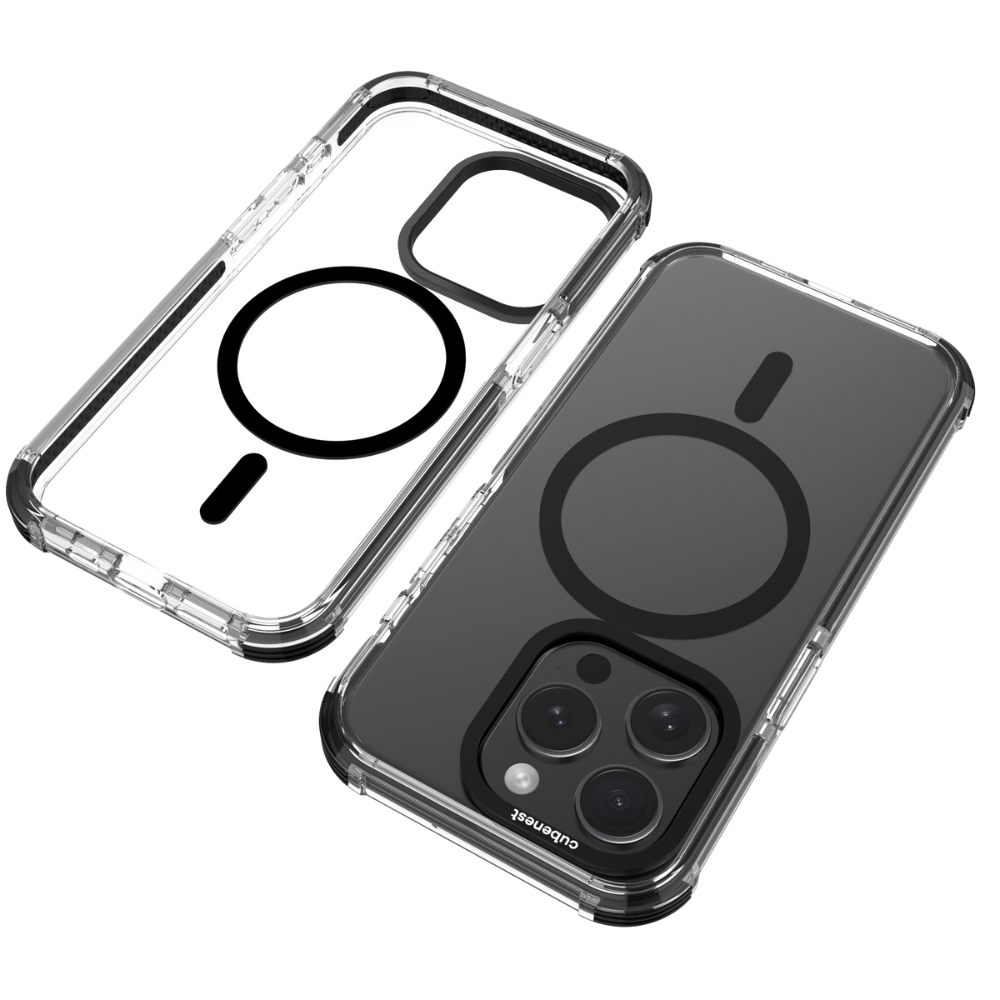 Zwei klare Handyhüllen mit magnetischen Ringen, eine auf einem schwarzen Smartphone montiert.