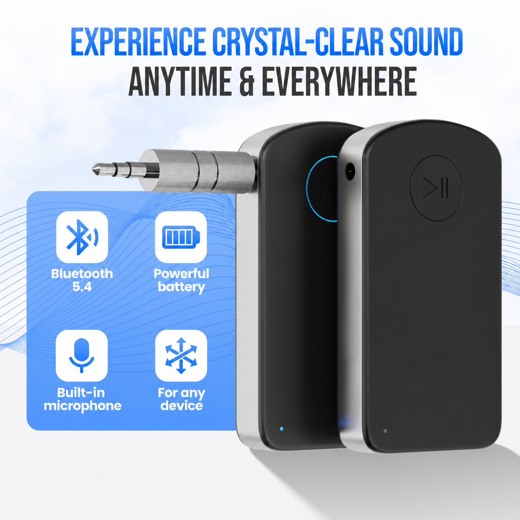 Adaptateur audio Bluetooth avec prise jack, affichant des icônes Bluetooth, batterie, micro et compatibilité.