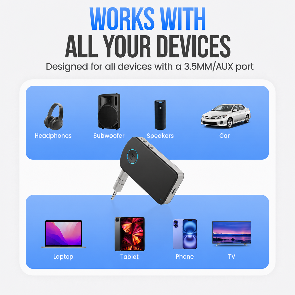Un récepteur Bluetooth AUX compatible avec casques, caissons de basses, enceintes, voitures, ordinateurs et téléviseurs.