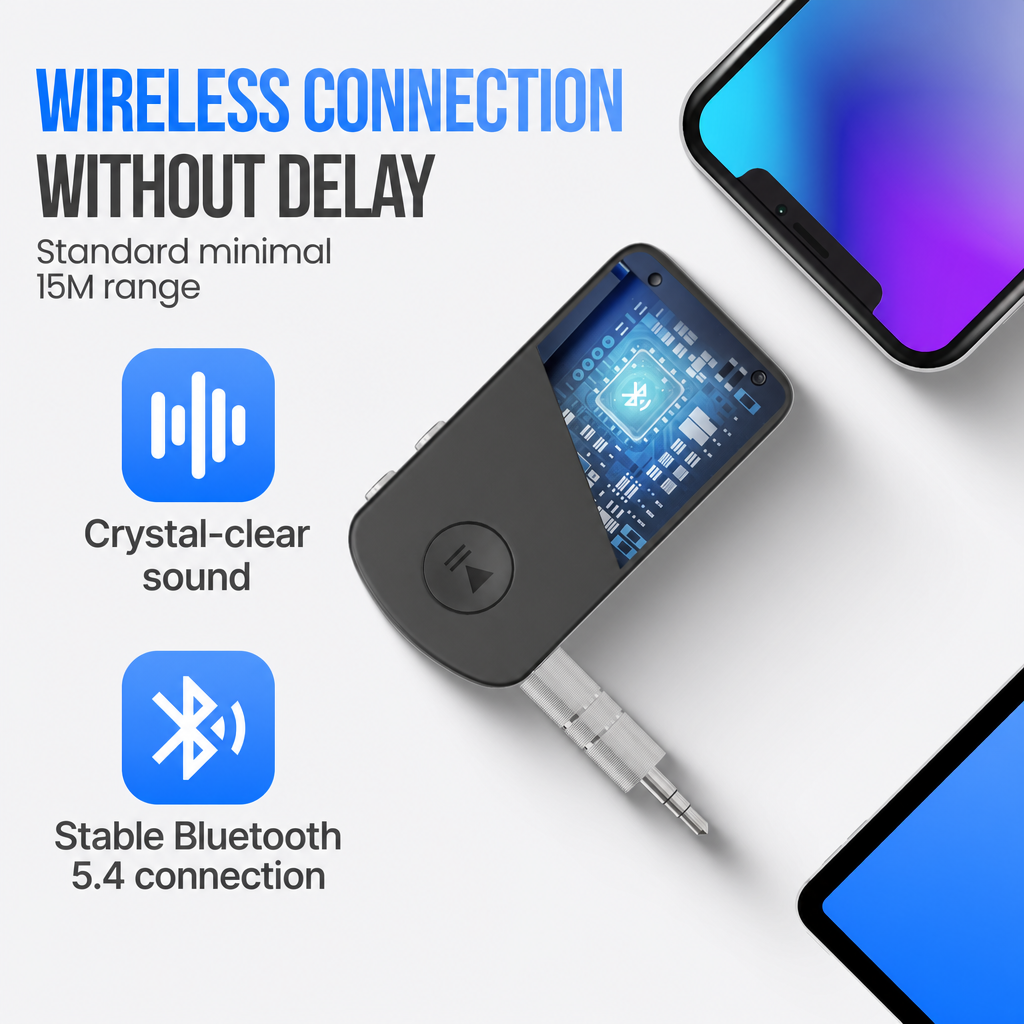 Un récepteur Bluetooth noir avec prise audio et graphique de puce sur fond blanc à côté de smartphones.