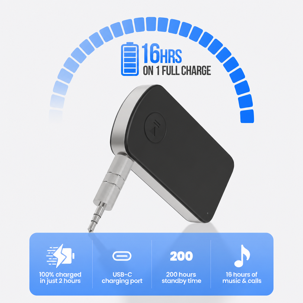 Récepteur Bluetooth noir avec prise jack et icônes indiquant 16 heures d'autonomie.