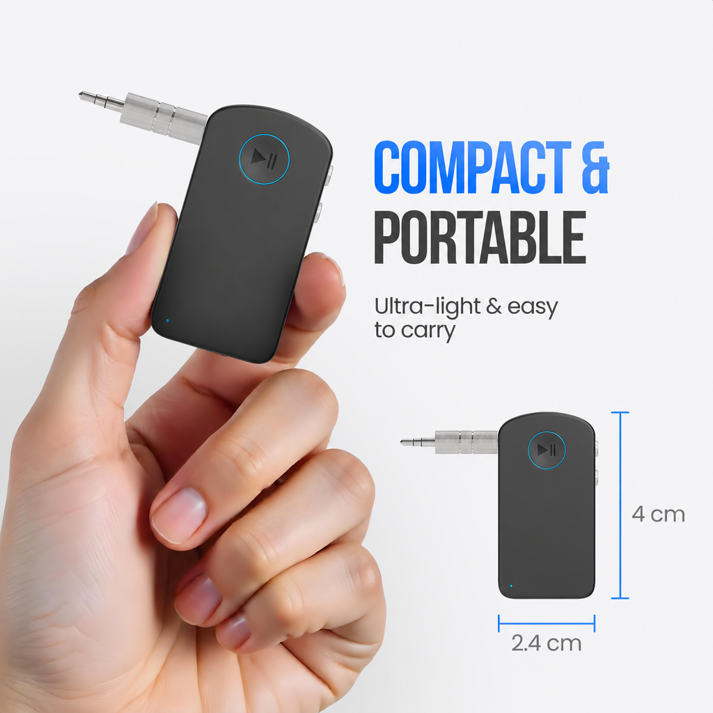 Main tenant un récepteur Bluetooth compact et portable mesurant 4 cm sur 2,4 cm.