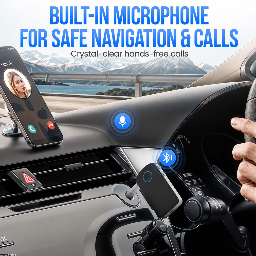 Un smartphone en appel et un adaptateur Bluetooth dans une voiture avec vue sur les montagnes.