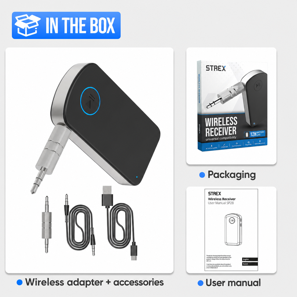 Contenu de la boîte du récepteur audio sans fil Strex avec adaptateur, câbles et manuel.