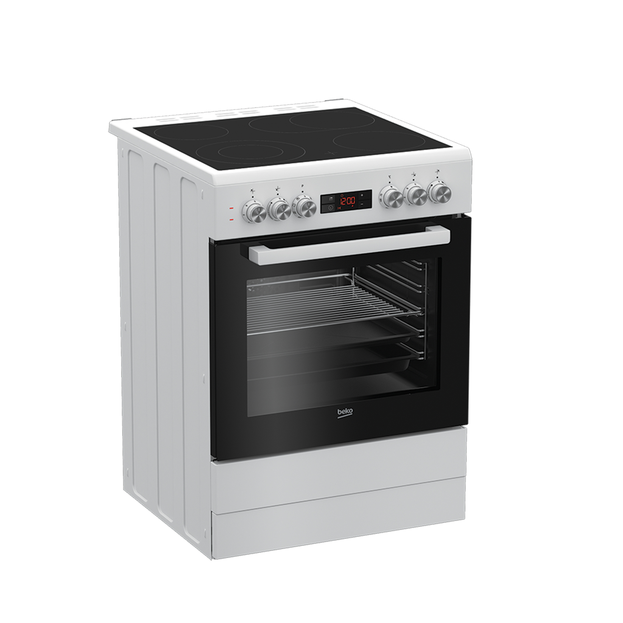 Ein weißer Beko Elektroherd mit schwarzem Glaskeramikkochfeld und Backofen.