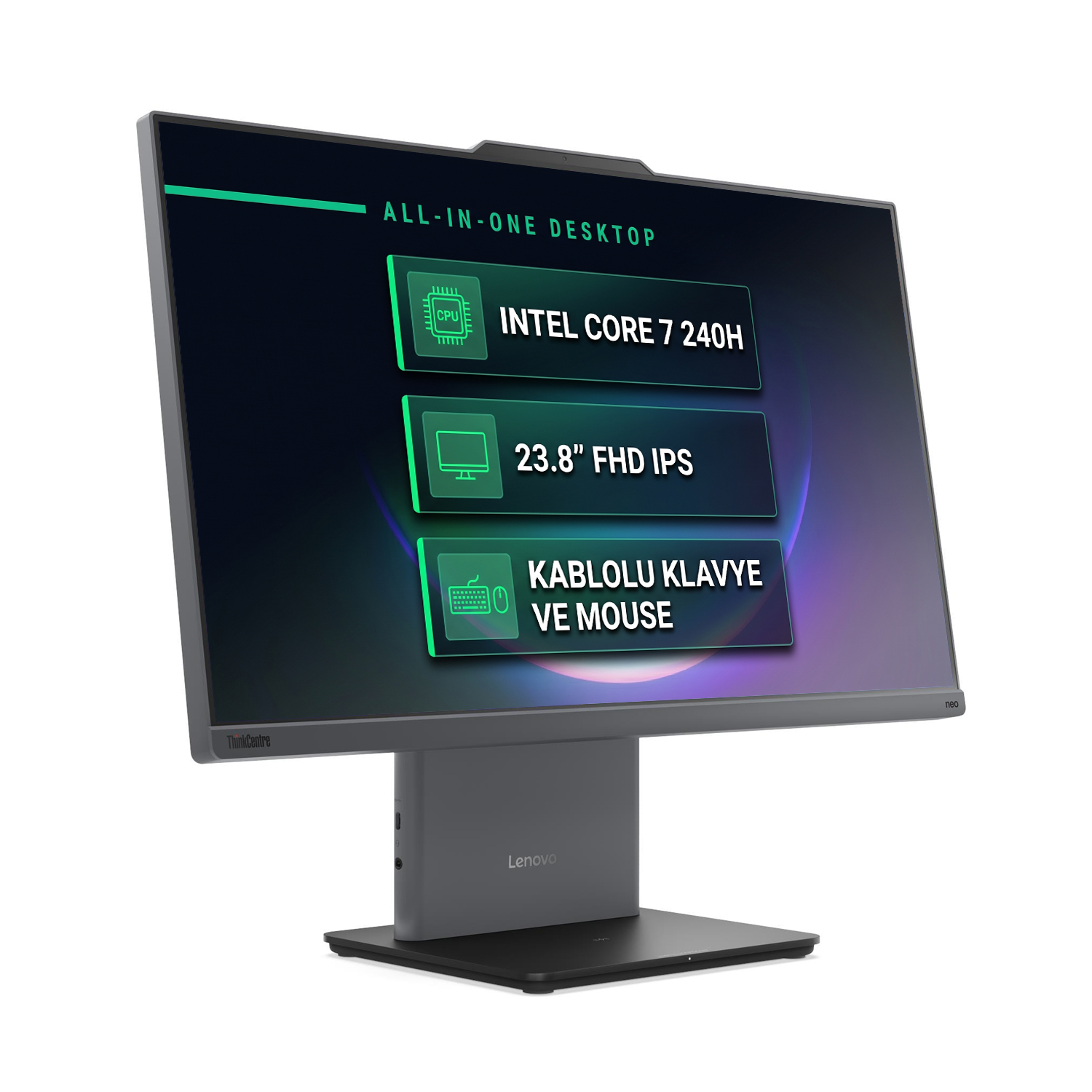 Intel Core 7 ve 23.8" ekran gibi özellikleri gösteren ekranlı bir hepsi bir arada masaüstü bilgisayar.