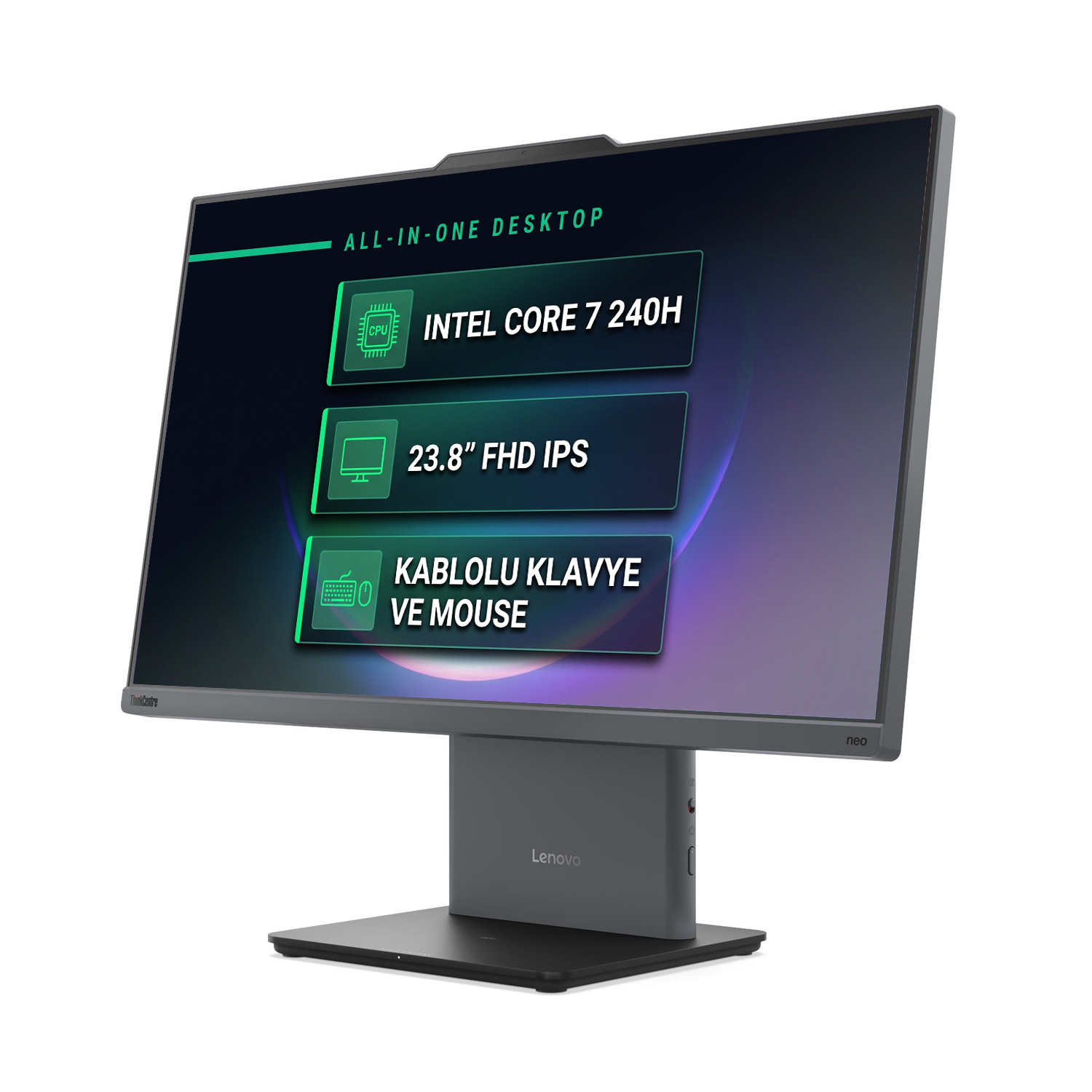 Intel Core i7 işlemcili, 23.8 inç ekranlı, klavye ve fareye sahip Lenovo hep-bir-arada masaüstü bilgisayar.