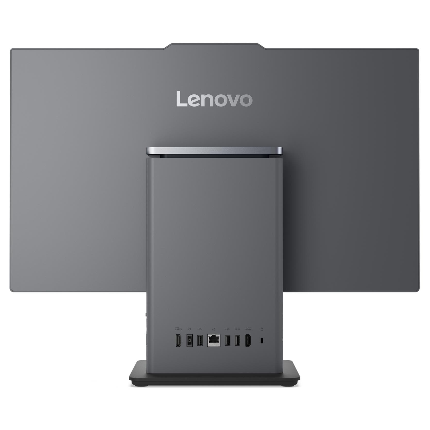 Entegre dock'a ve çeşitli bağlantı noktalarına sahip gri Lenovo monitörün arkası.