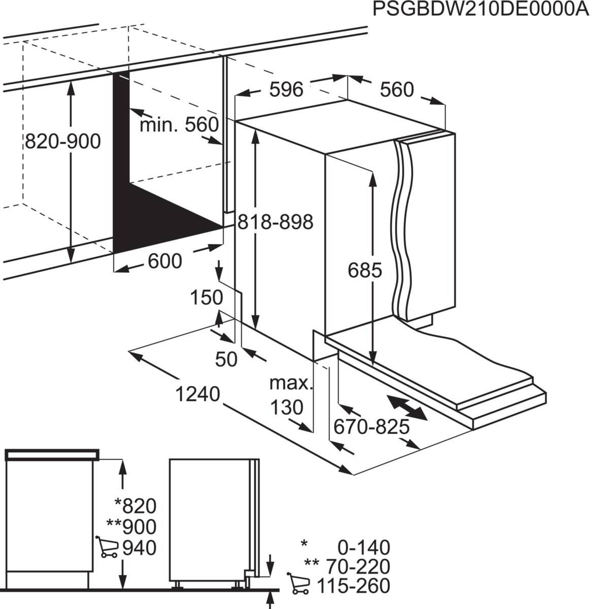 Disegno tecnico quotato di una lavastoviglie con misure di installazione in millimetri.