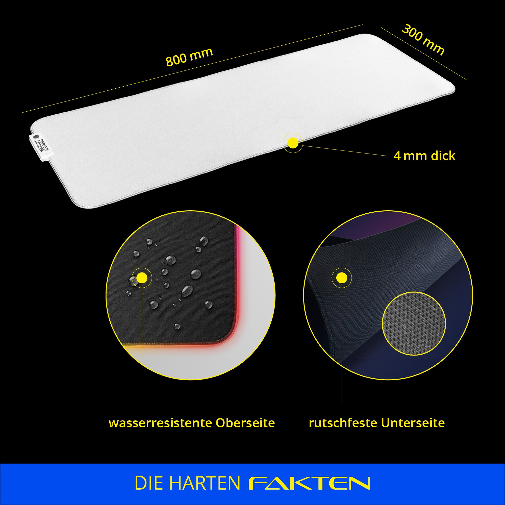 Ein weißes Gaming-Mauspad mit 800x300mm, 4mm Dicke, wasserfester Oberfläche und rutschfester Unterseite auf schwarzem Grund.