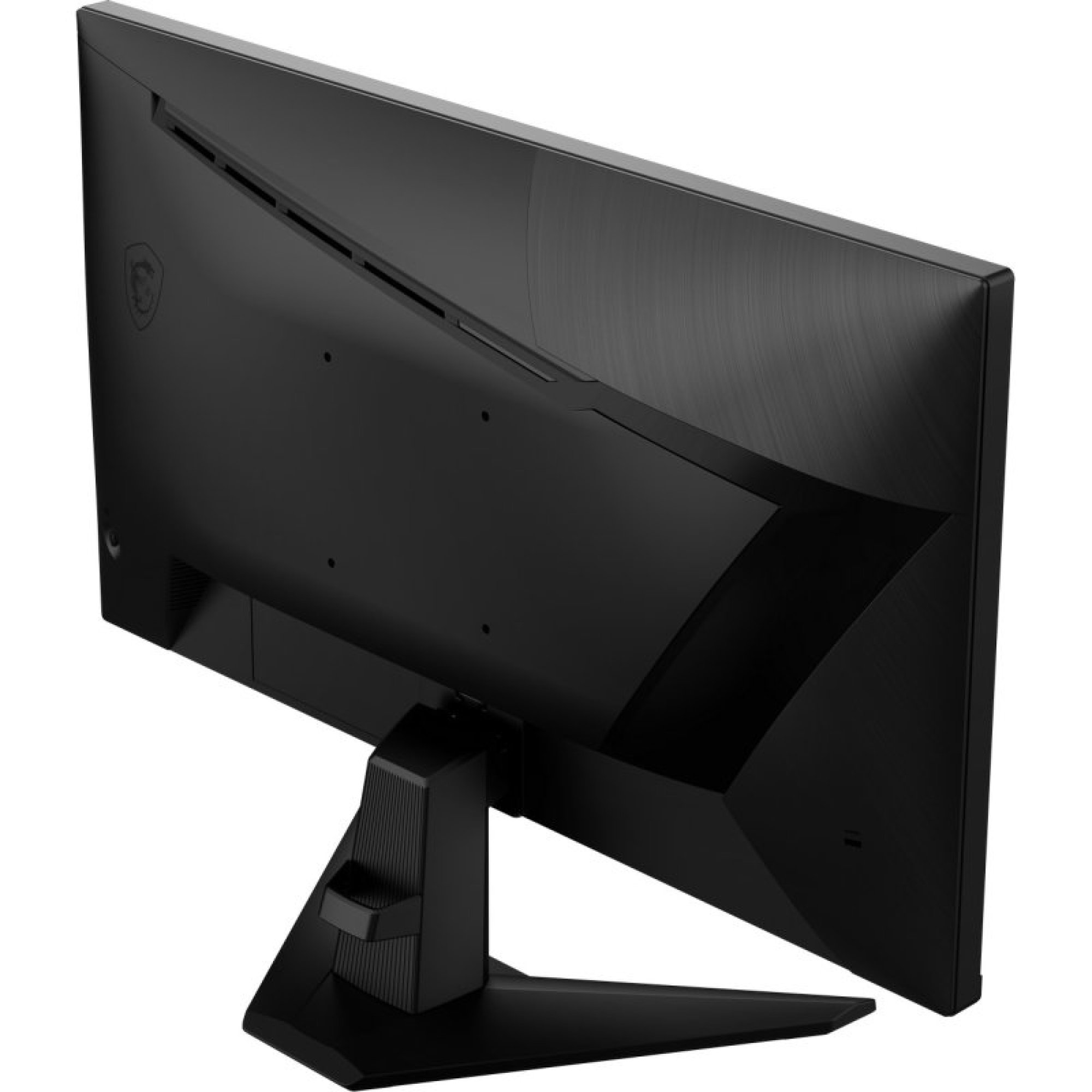 Achteraanzicht van een zwarte computermonitor op een stand, met een getextureerd achterpaneel en logo.