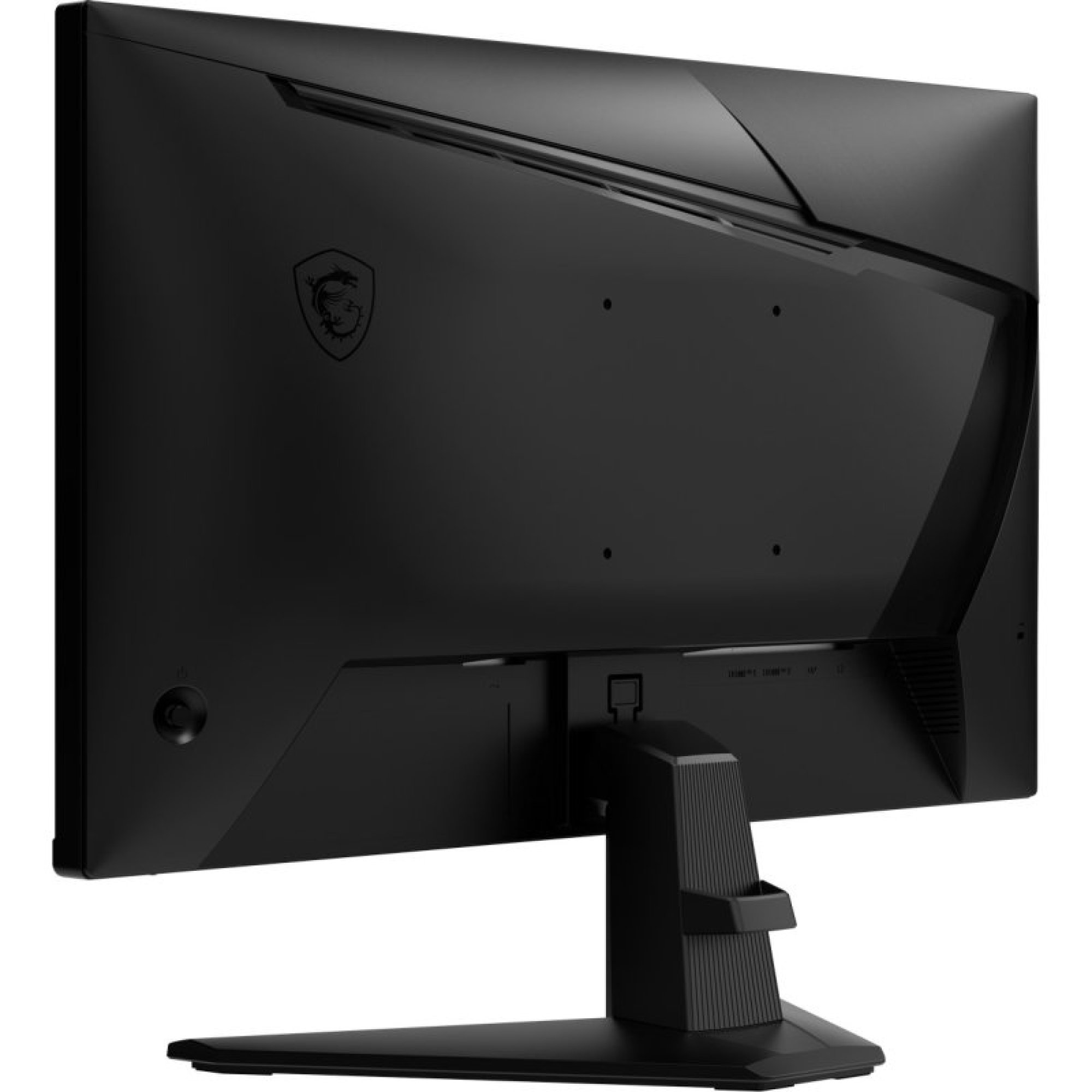 Achteraanzicht van een zwarte MSI gamingmonitor met standaard en drakenlogo.