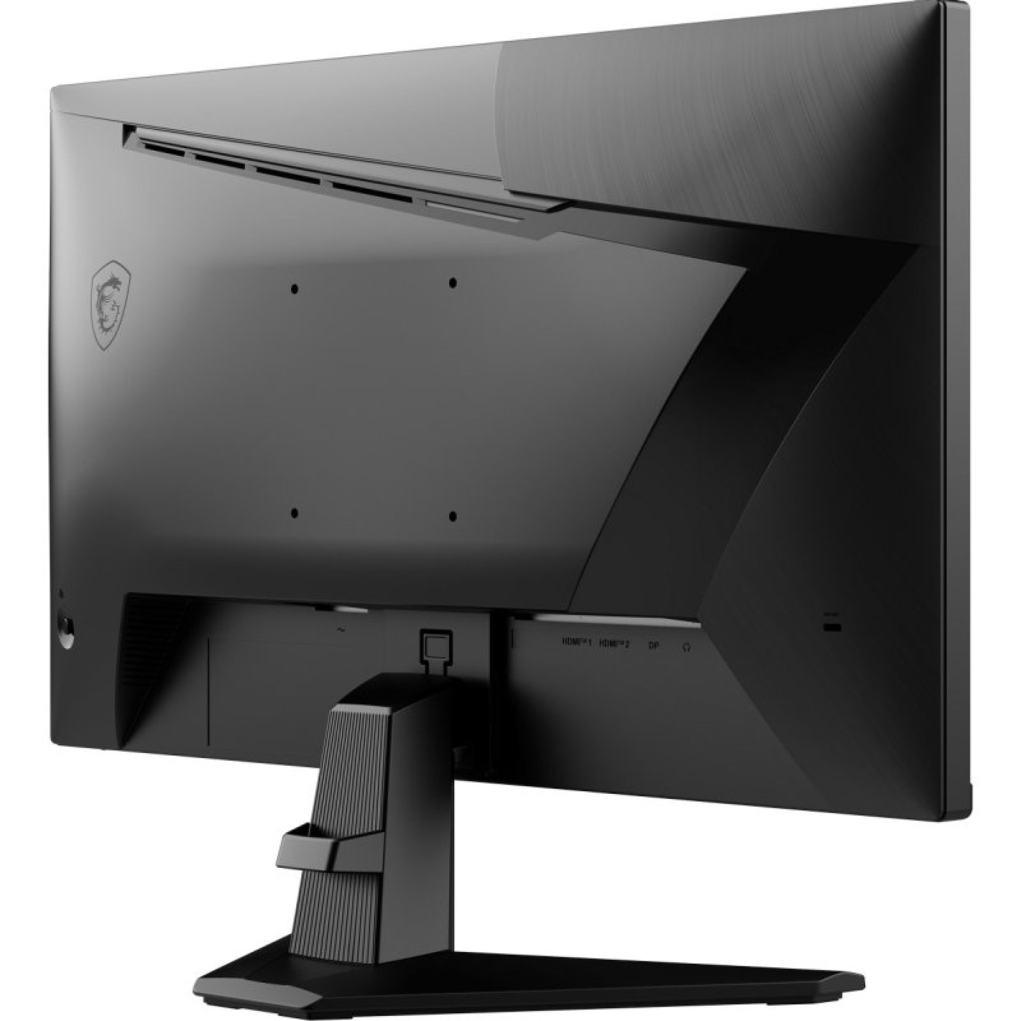 Achteraanzicht van een zwarte MSI gamingmonitor met standaard, poorten en logo.