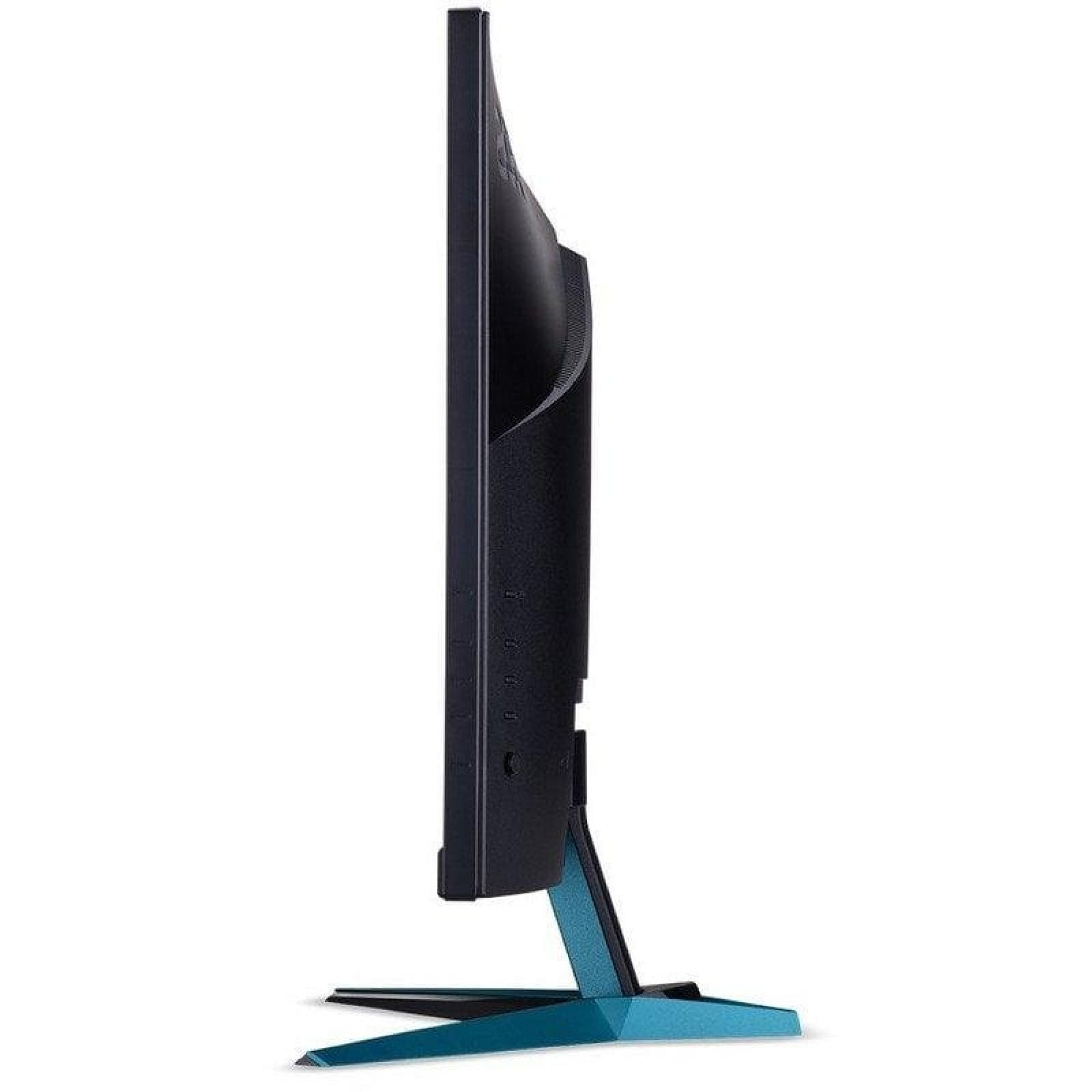 Vista laterale di un monitor nero con supporto blu a V su sfondo chiaro.