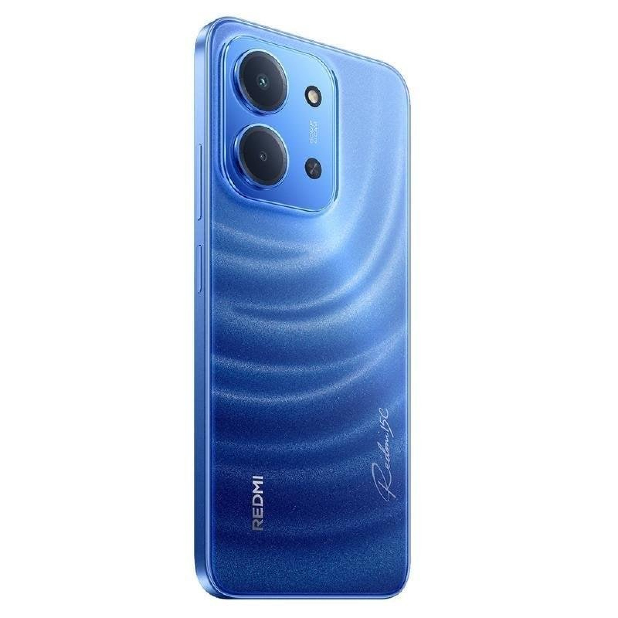 Blaue Rückseite eines Redmi-Smartphones mit zwei Kameraobjektiven und wellenförmigem Design.