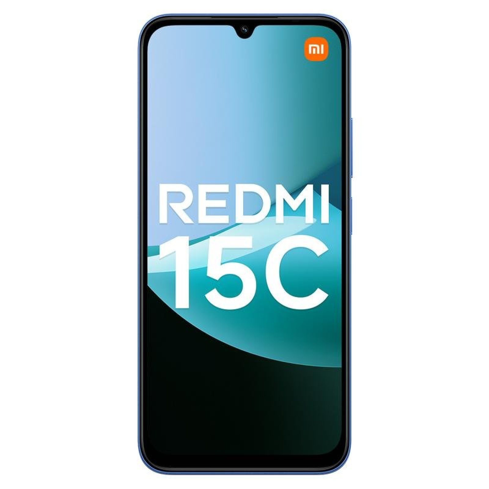 Frontansicht eines blauen Redmi 15C Smartphones mit Werbegrafik auf dem Display.