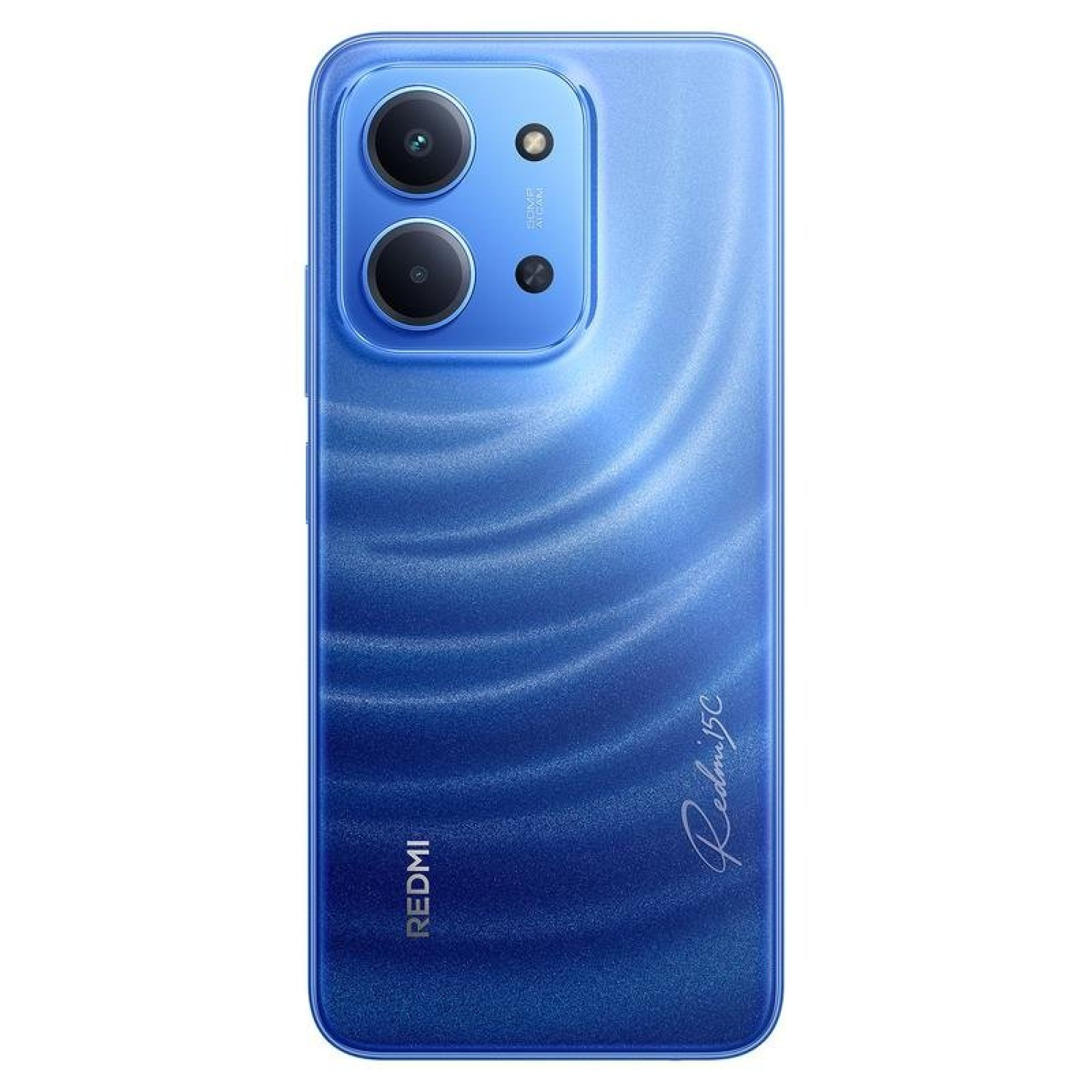 Blaue Redmi 13C Smartphone-Rückseite mit zwei Kameras und gewelltem Muster.