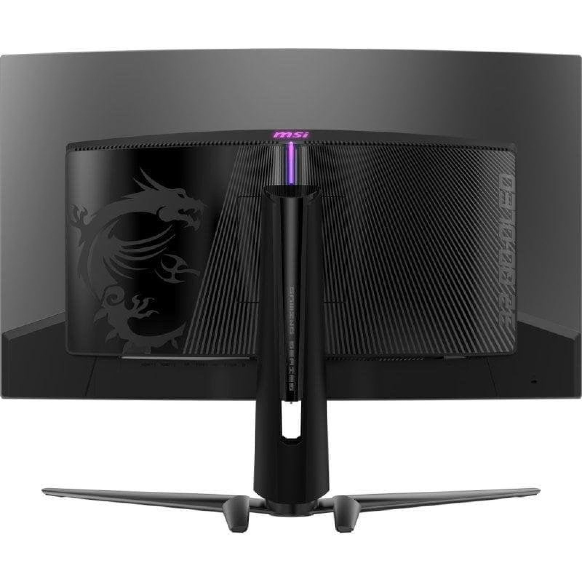 Ejderha logolu, RGB aydınlatmalı ve siyah ayaklı kavisli bir MSI oyuncu monitörünün arka görünümü.