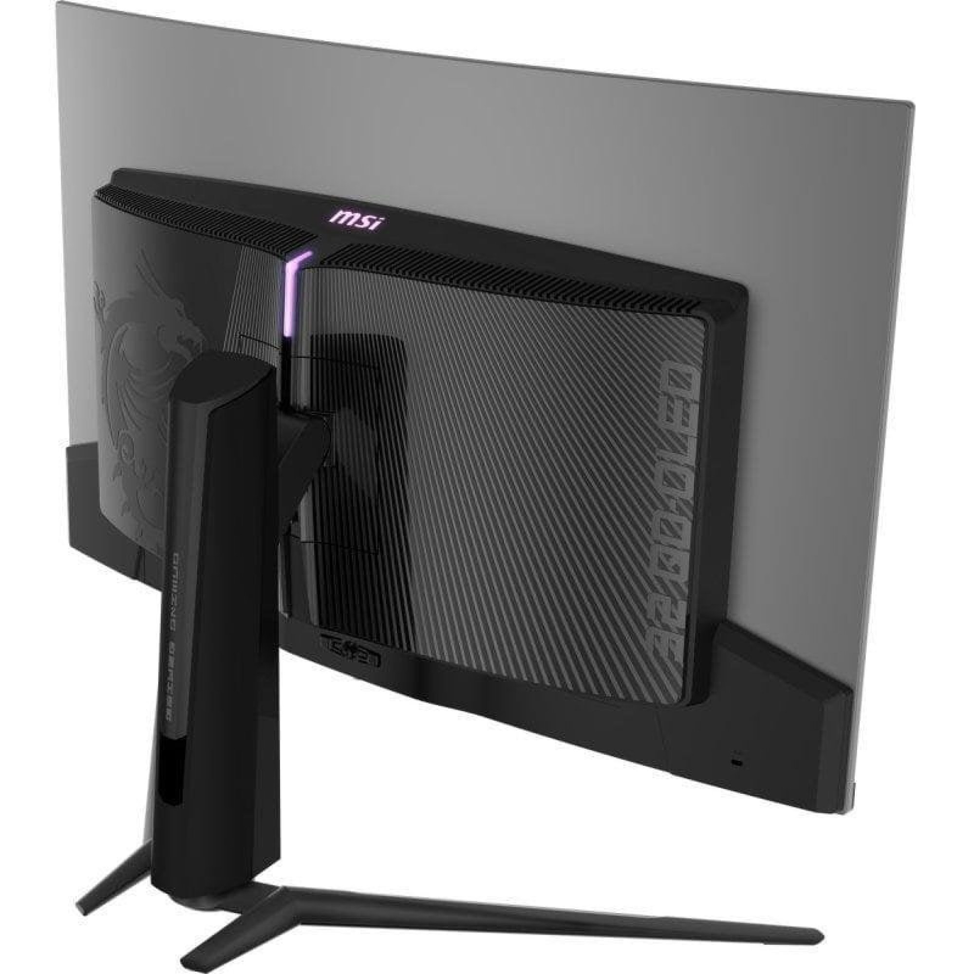 Siyah ayaklı ve arkasında mor ışık vurgusu olan kavisli bir MSI oyun monitörünün arkadan görünümü.