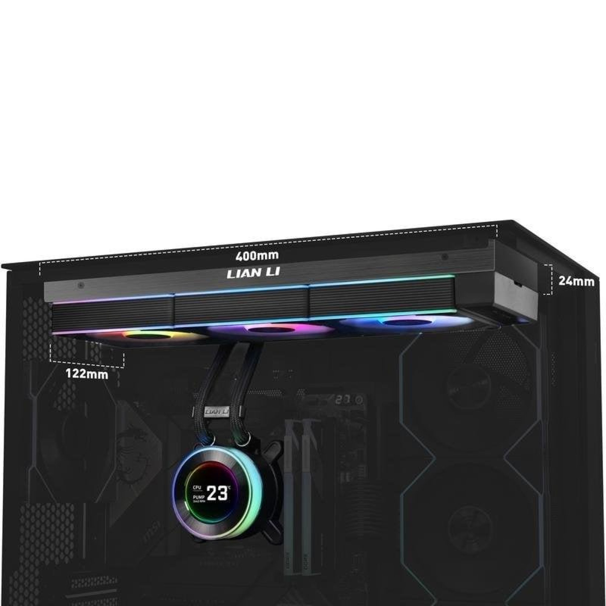 Dissipatore a liquido Lian Li in un case nero per PC, con dimensioni di 400mm, 24mm e 122mm.