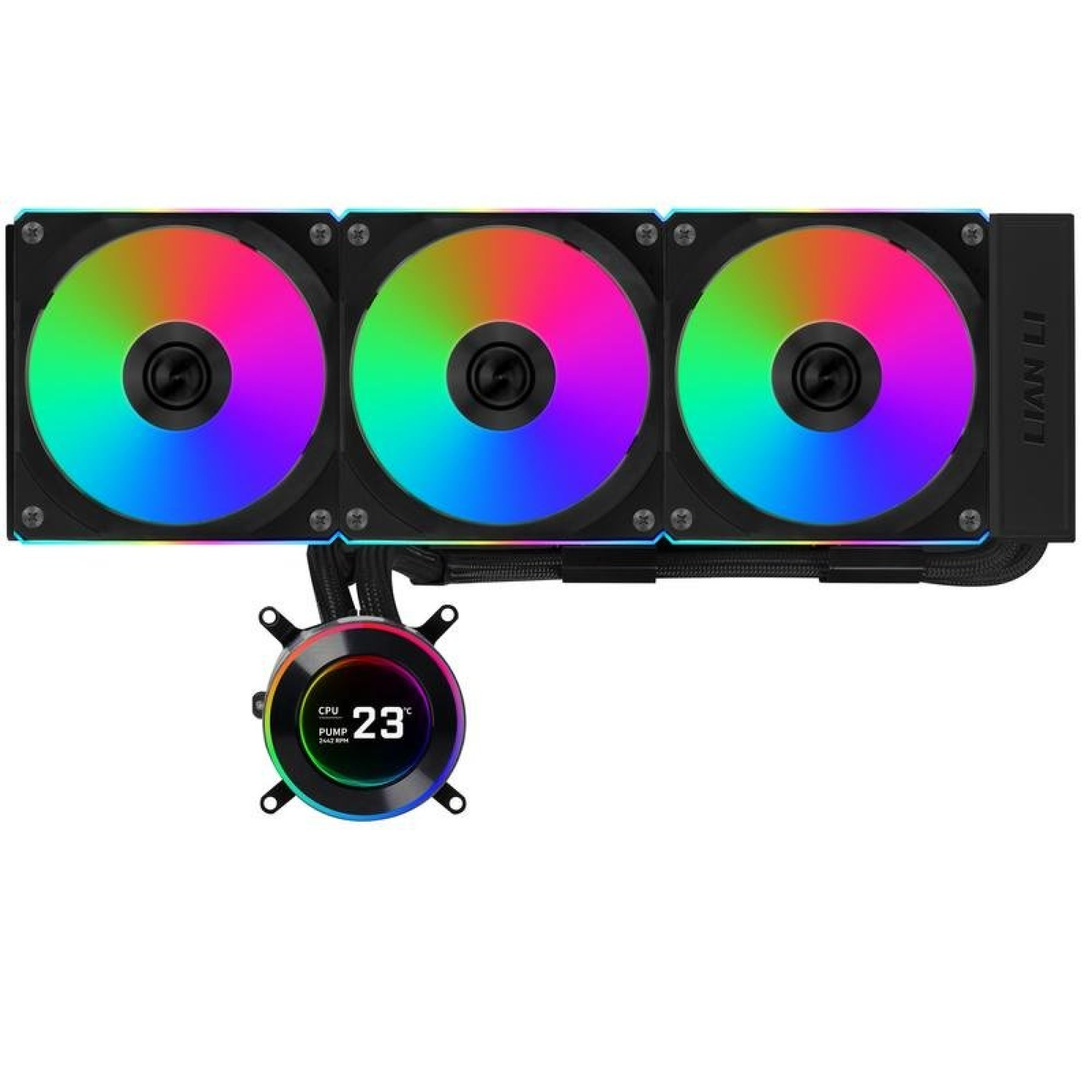 Dissipatore a liquido con tre ventole RGB e una pompa che mostra la temperatura.