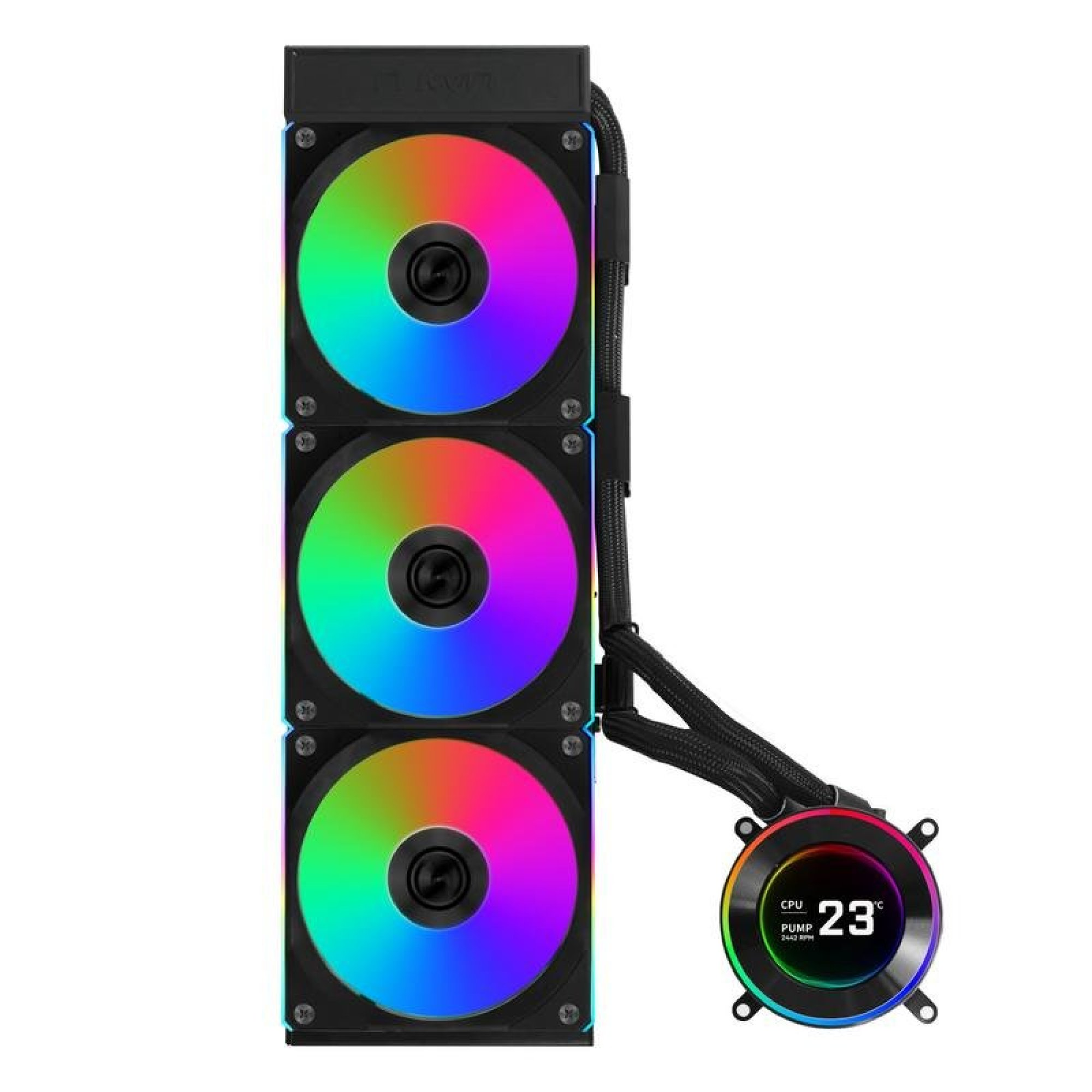 Raffreddamento a liquido con tre ventole RGB colorate e blocco CPU con display su sfondo nero.