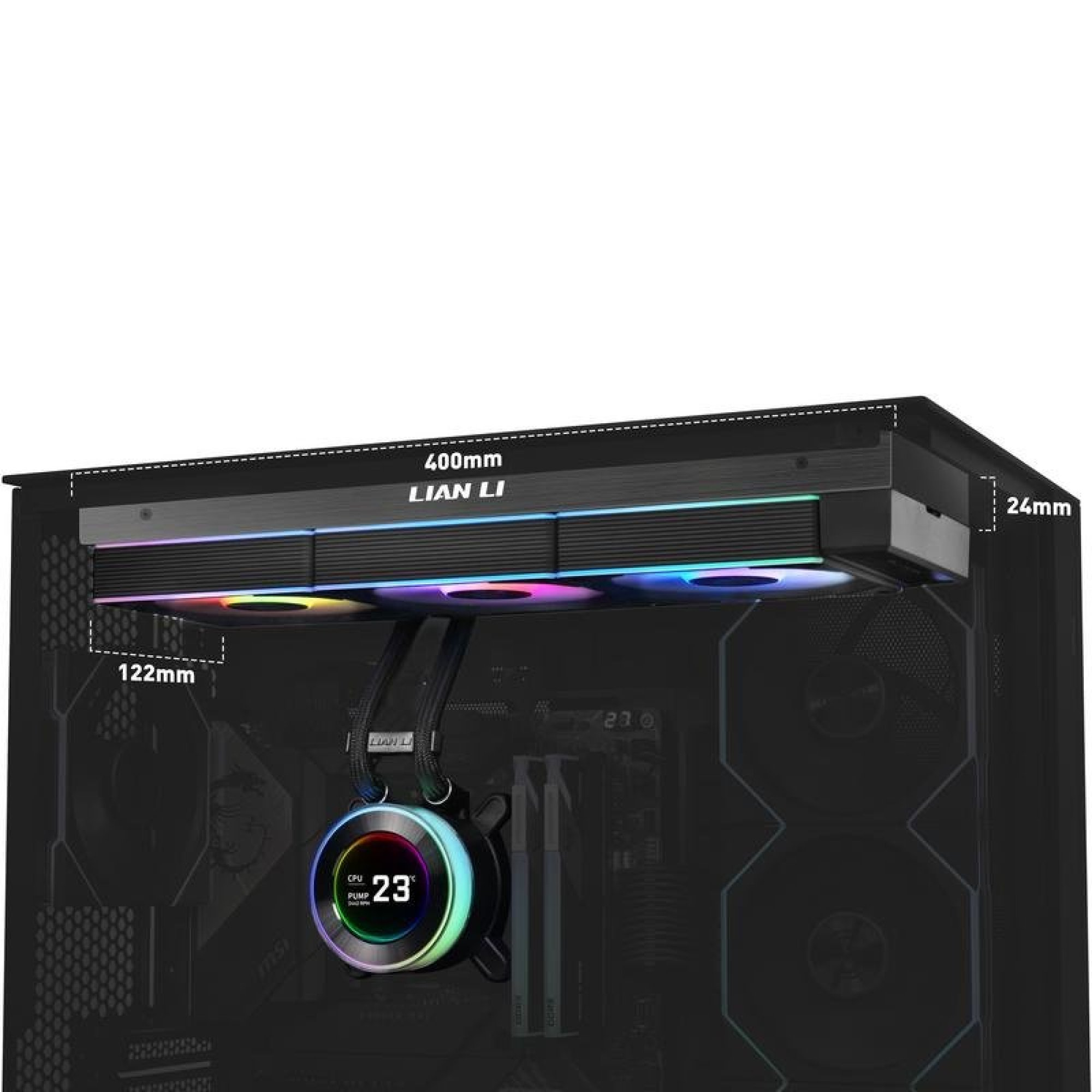 Raffreddatore per PC con ventole RGB e dimensioni di 400mm, 24mm e 122mm.
