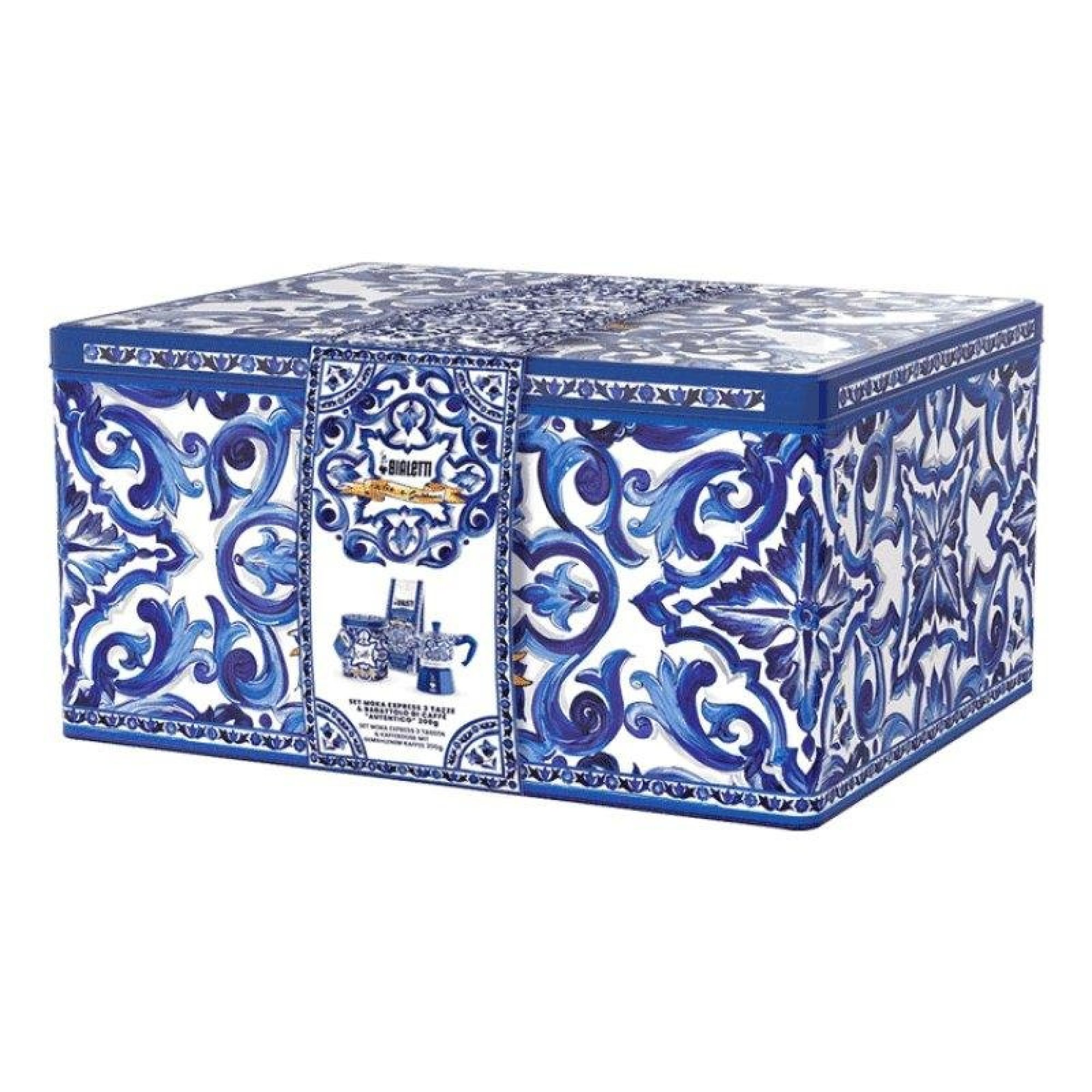 Scatola rettangolare blu e bianca con motivi maiolica decorativi e una fascia verticale centrale.