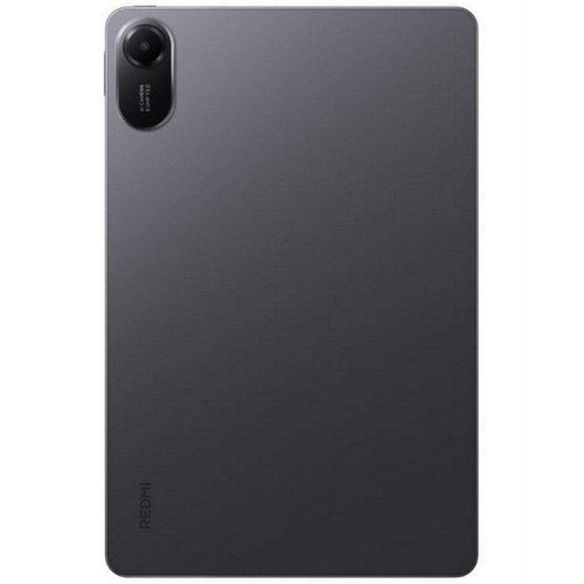 Retro di un tablet Redmi grigio con una singola fotocamera in alto a sinistra e il marchio Redmi in basso.