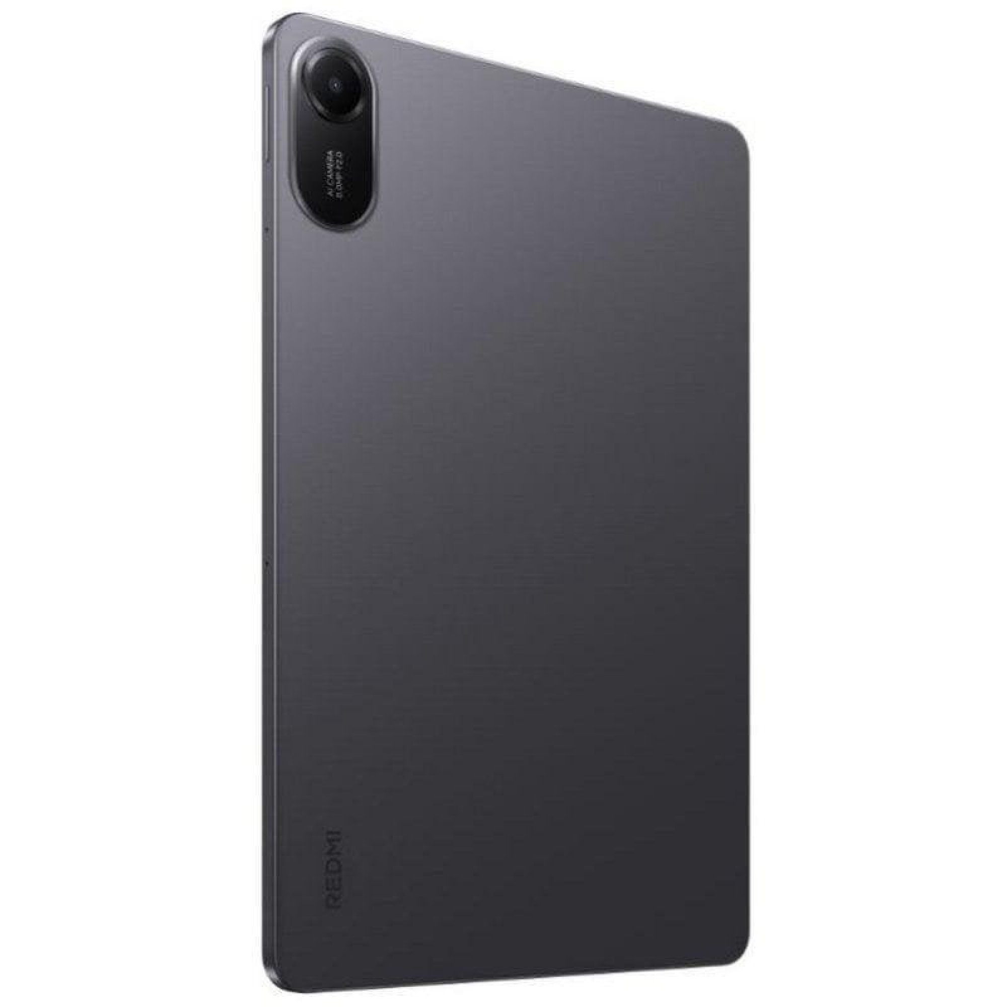 Retro di un tablet Redmi grigio scuro con una fotocamera in alto a sinistra e il logo.