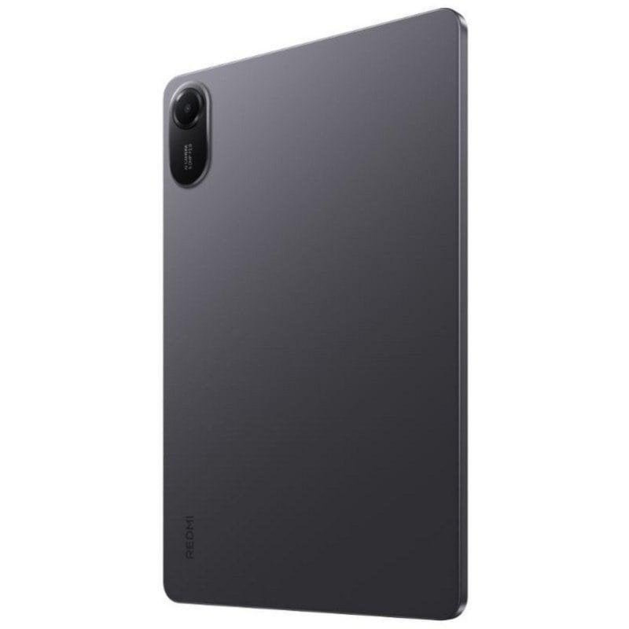 Vista posteriore di un tablet Xiaomi Redmi grigio scuro con un singolo modulo fotocamera e il logo Redmi.