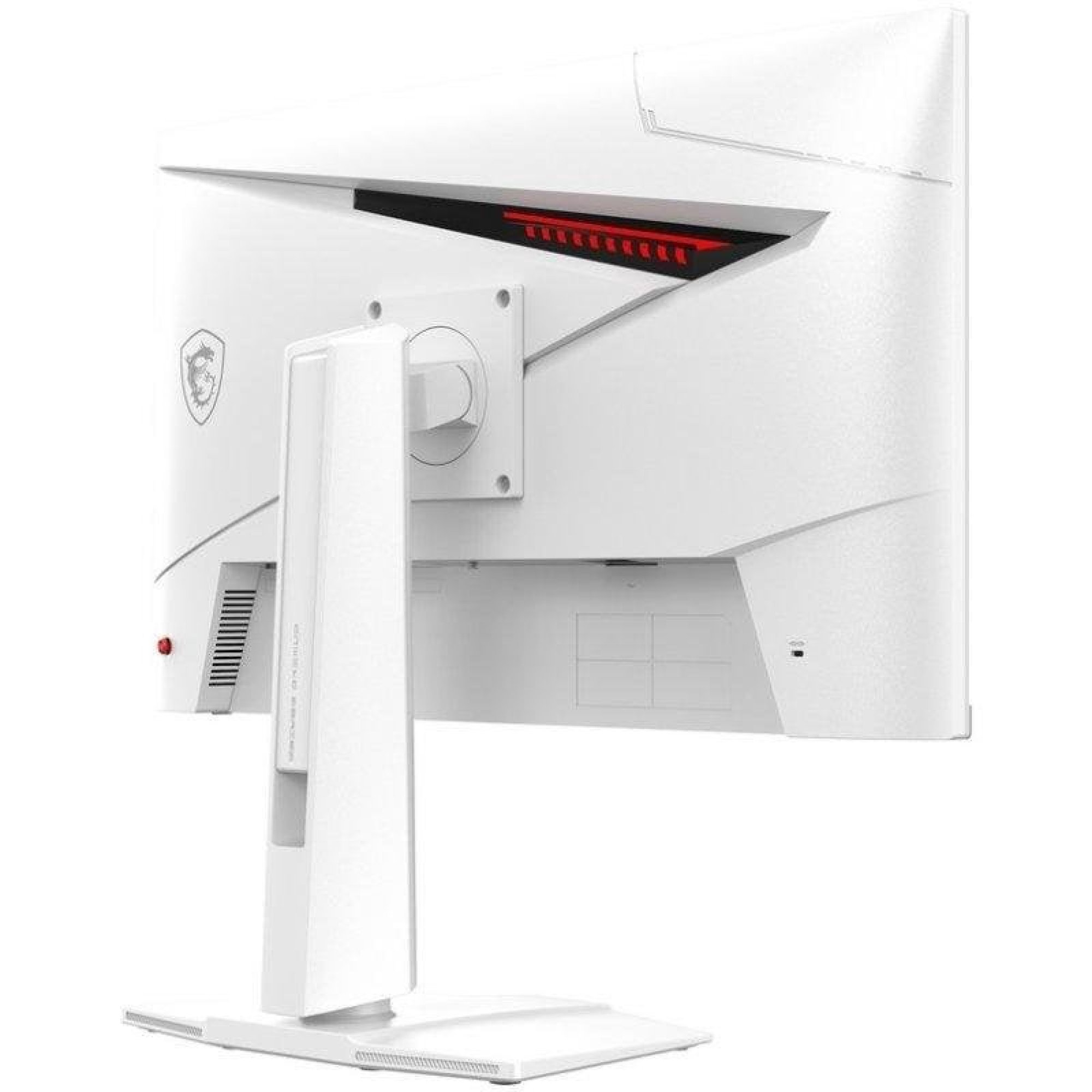 Vista posteriore di un monitor per computer bianco con supporto regolabile, luce rossa e logo MSI.