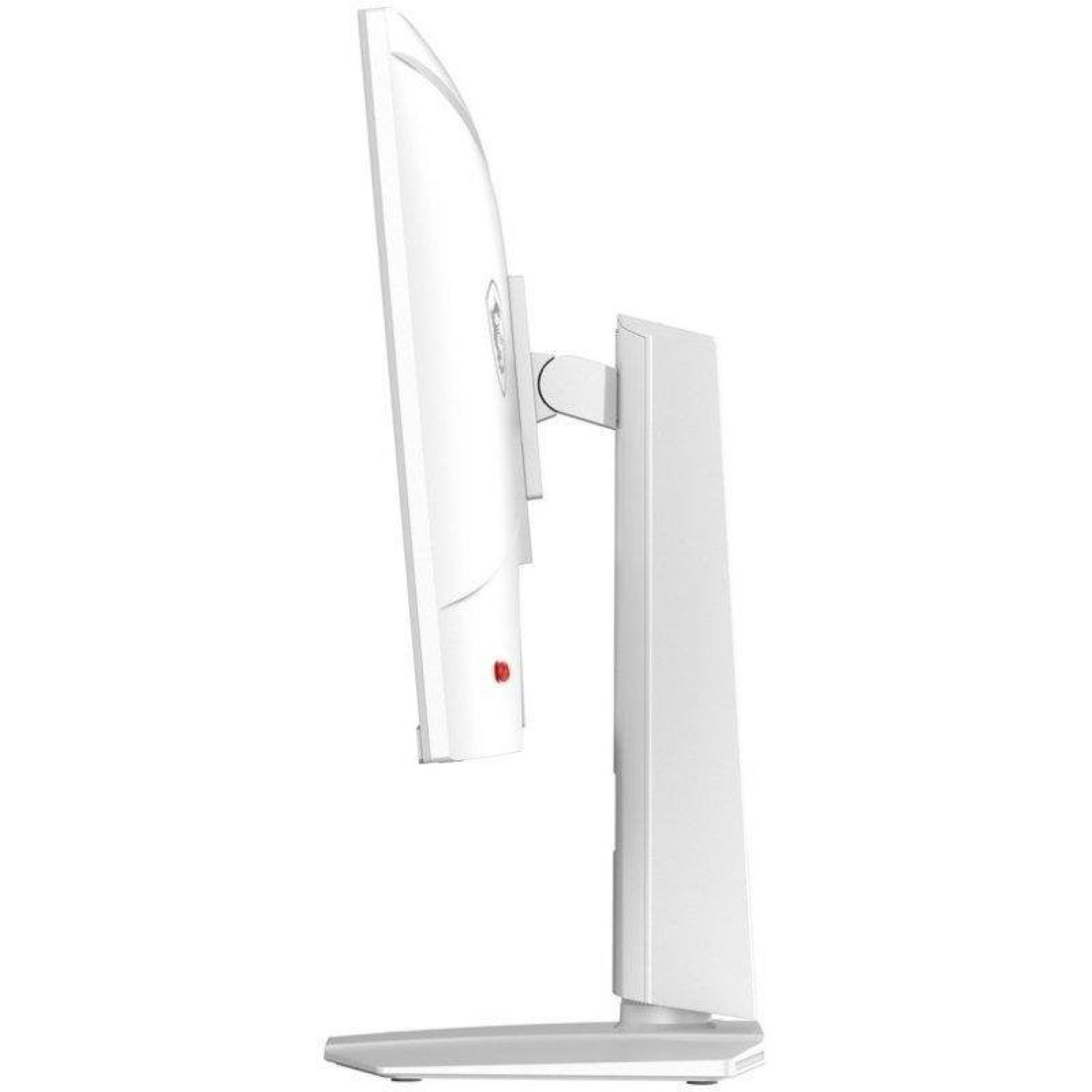 Vista laterale di un monitor per computer bianco su supporto con sfondo bianco.